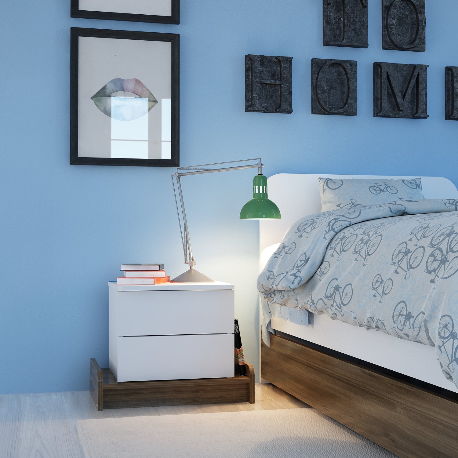 Mesa de Cabeceira Moderna com 2 Gavetas e Prateleiras, Branca e Nogueira, 60 x 46 x 40 cm | Painel de Partículas 100% Revestido com Melamina, 18 mm de Espessura | Armazenamento Elegante para Casa e Hotel