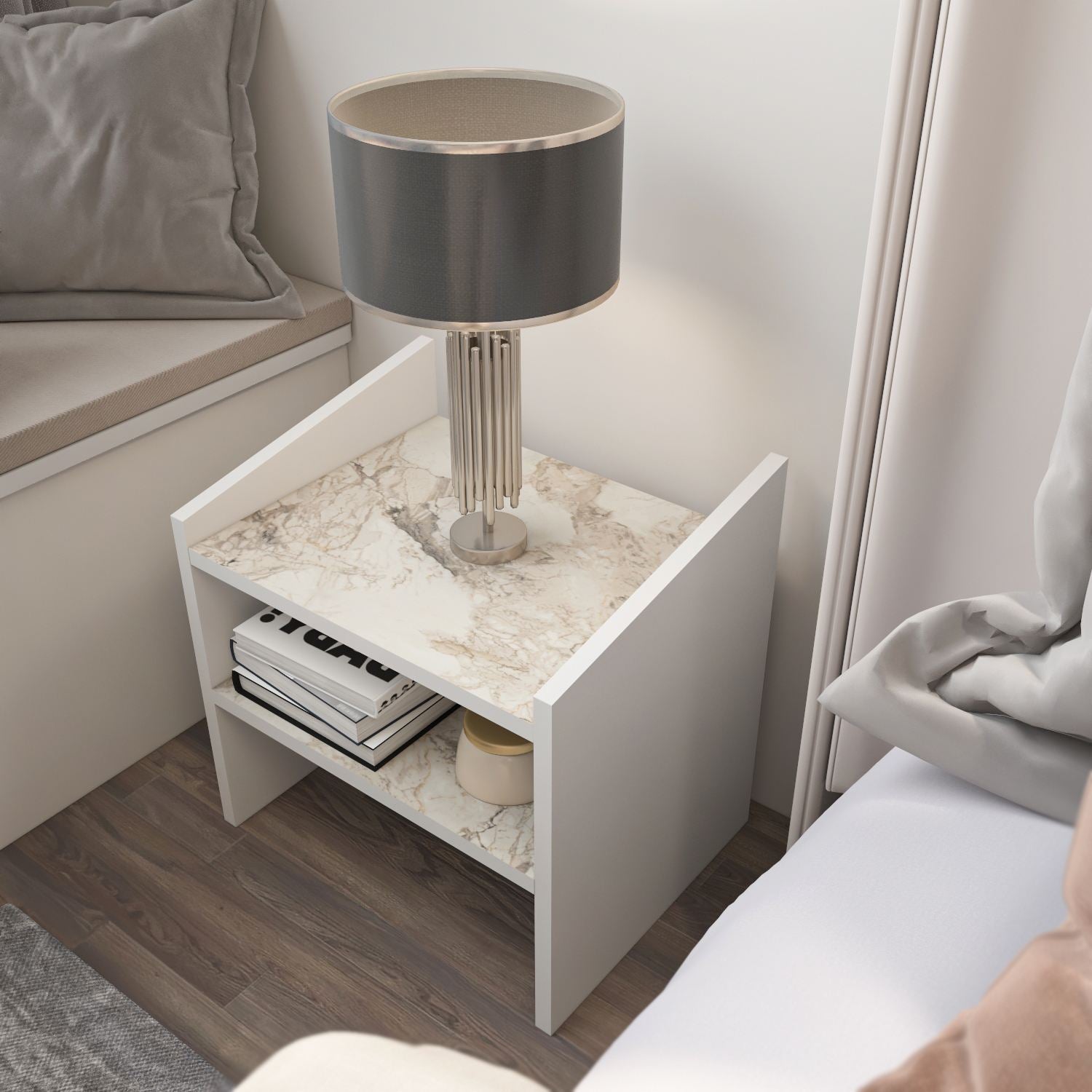 Mesa de cabeceira – 45cm x 35cm – Branco e Éfeso – MDF