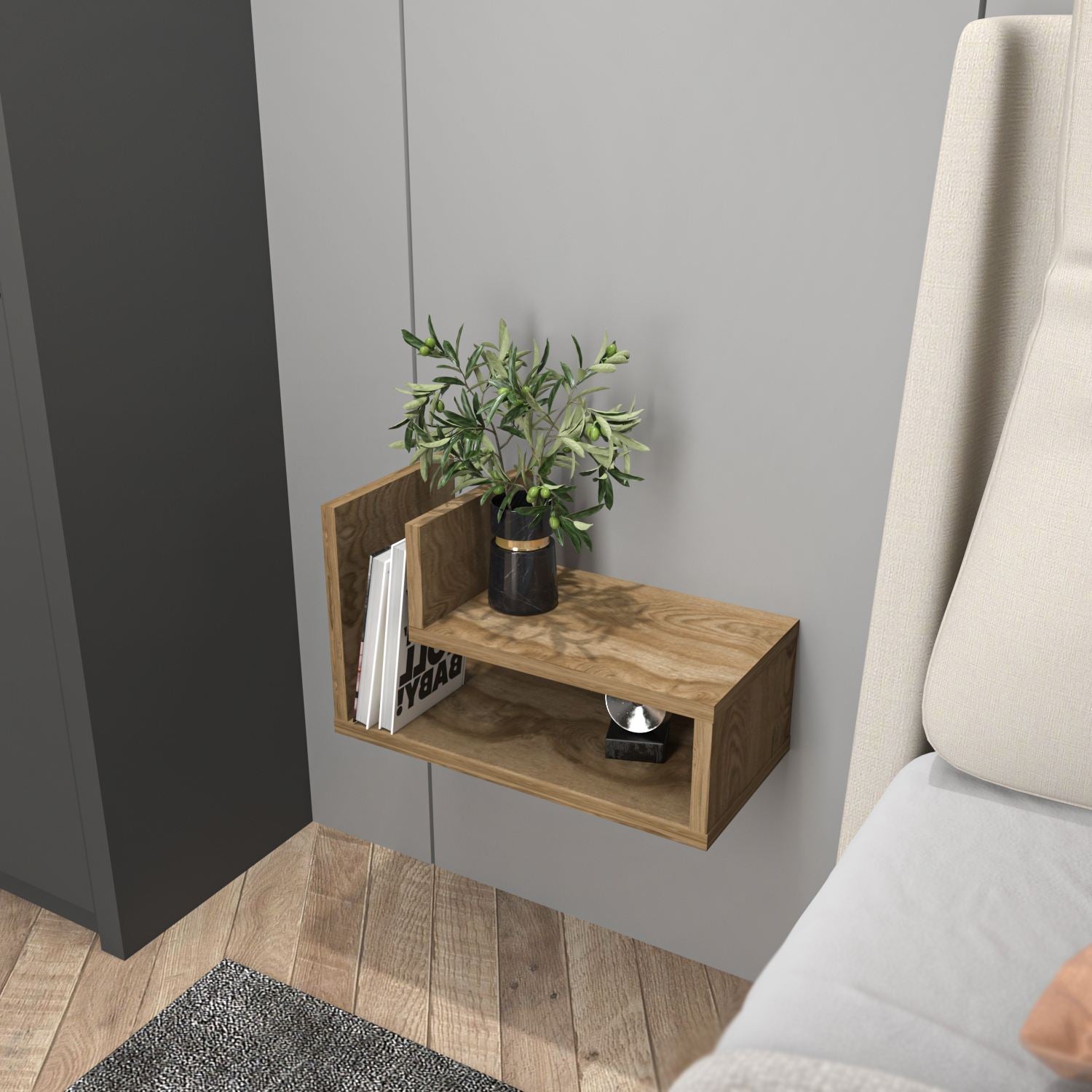 Mesa de cabeceira – 45 cm x 26,8 cm x 22 cm – Carvalho Oud – Painel de partículas revestido em melamina
