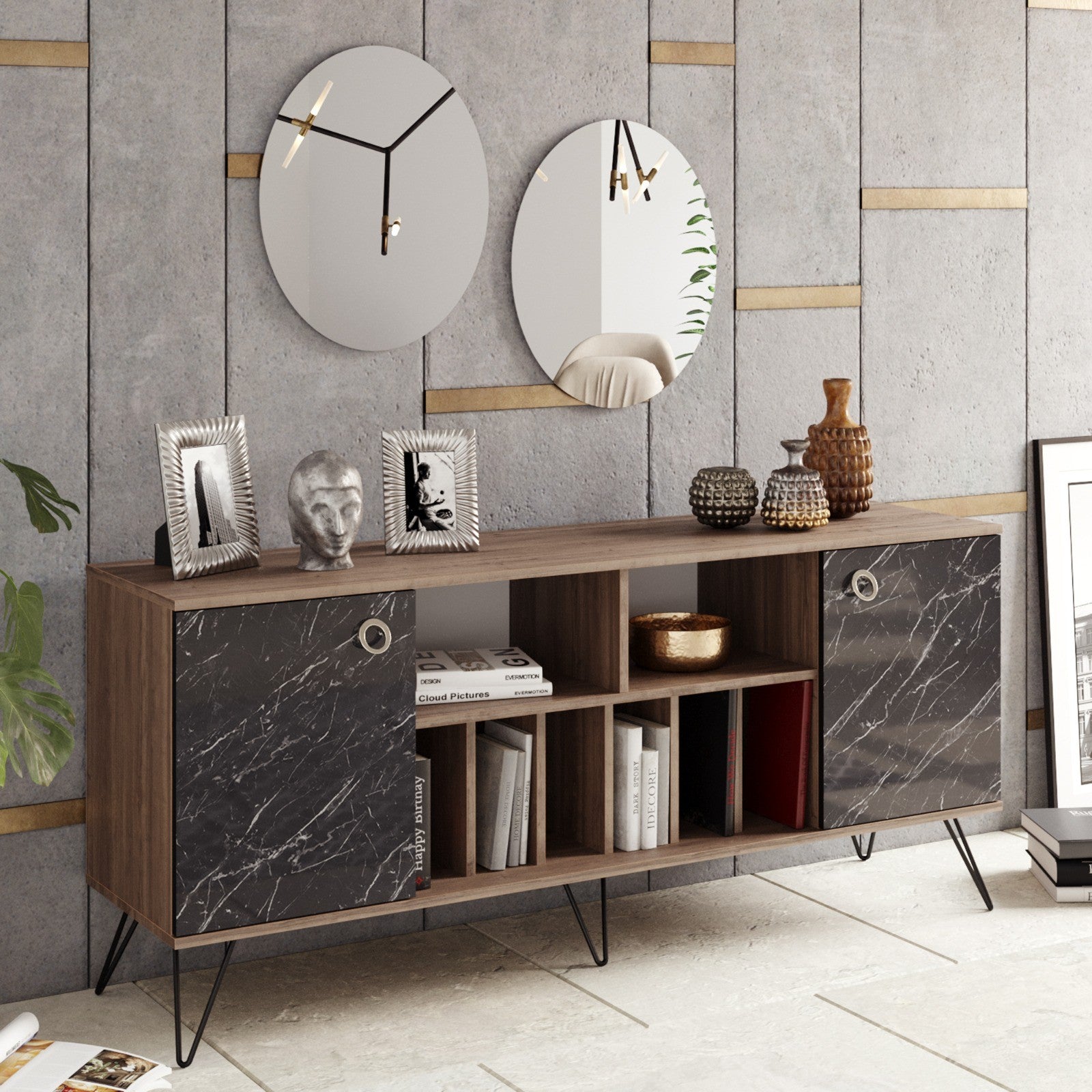 Aparador Elegante com Espelhos (2 Peças), Nogueira e Preto, 180 x 78,6 x 44,8 cm | 100% Revestimento em Melamina, 18 mm de Espessura | Armazenamento Elegante e Design para Montagem na Parede