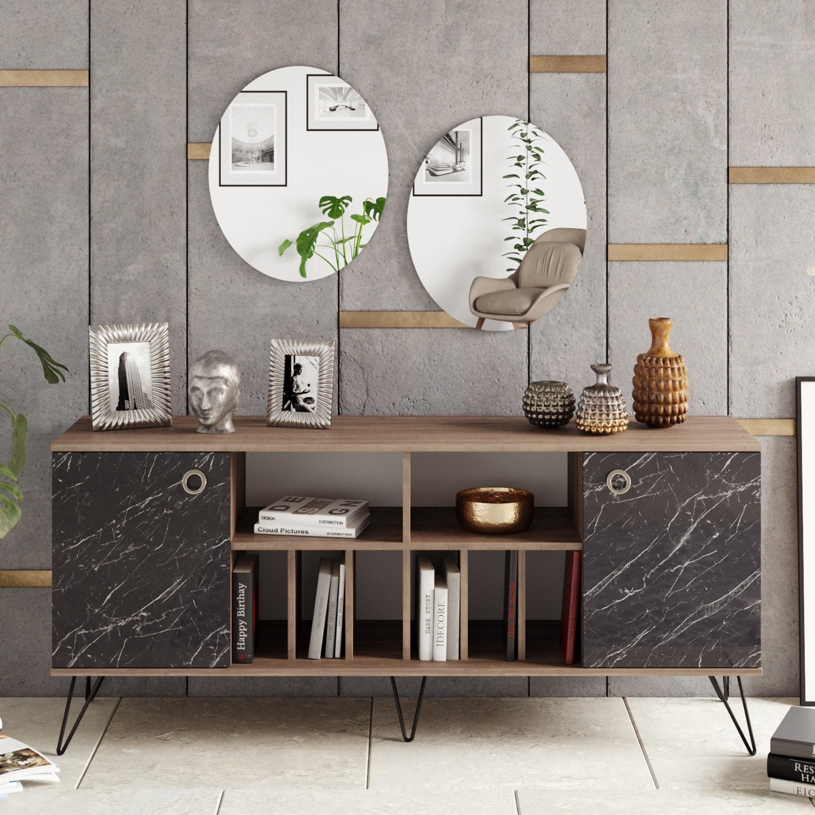 Aparador Elegante com Espelhos (2 Peças), Nogueira e Preto, 180 x 78,6 x 44,8 cm | 100% Revestimento em Melamina, 18 mm de Espessura | Armazenamento Elegante e Design para Montagem na Parede