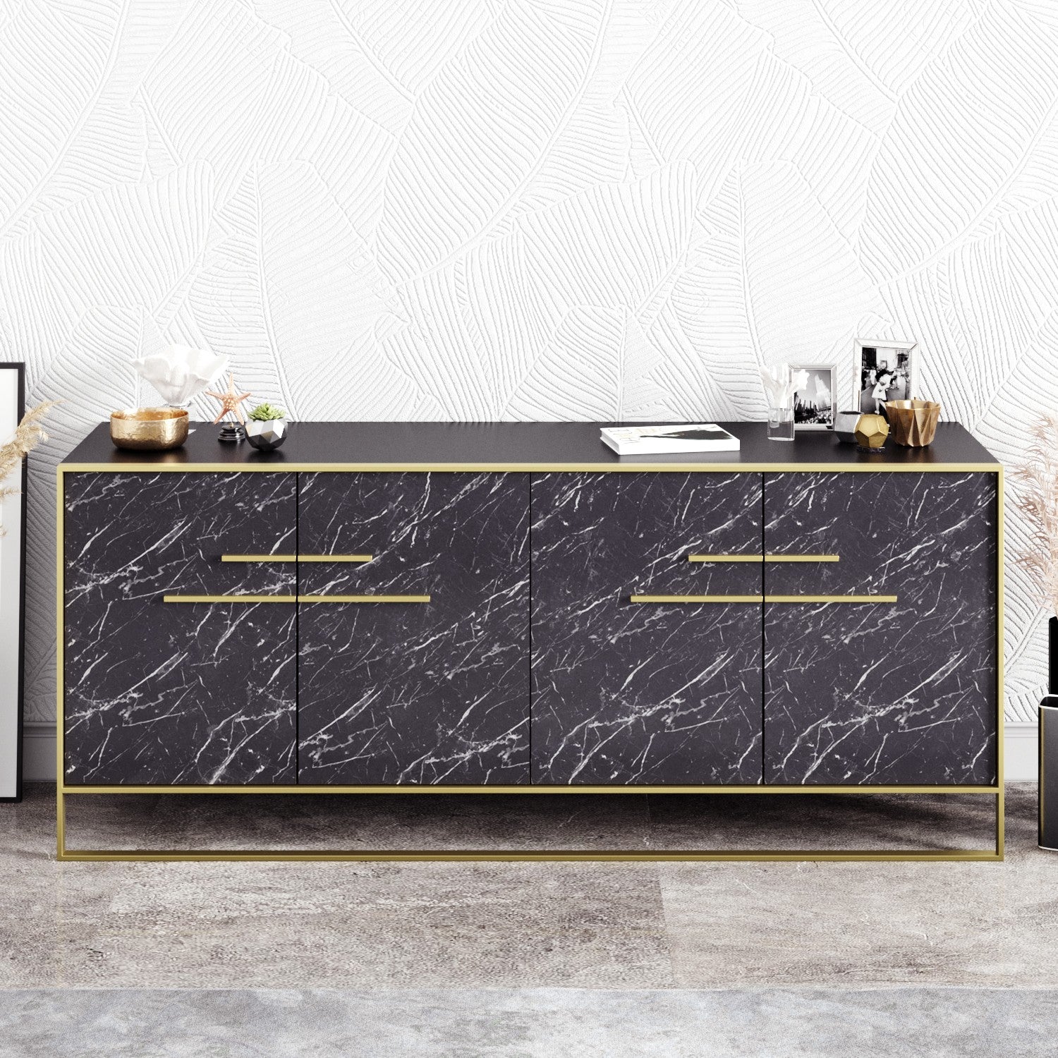 Aparador Moderno com Acabamento Dourado e Preto, 179,9 cm | Painel de Partículas 100% Revestido com Melamina, 100% Metal | Montável na Parede, Design Elegante em Mármore, 18 mm de Espessura