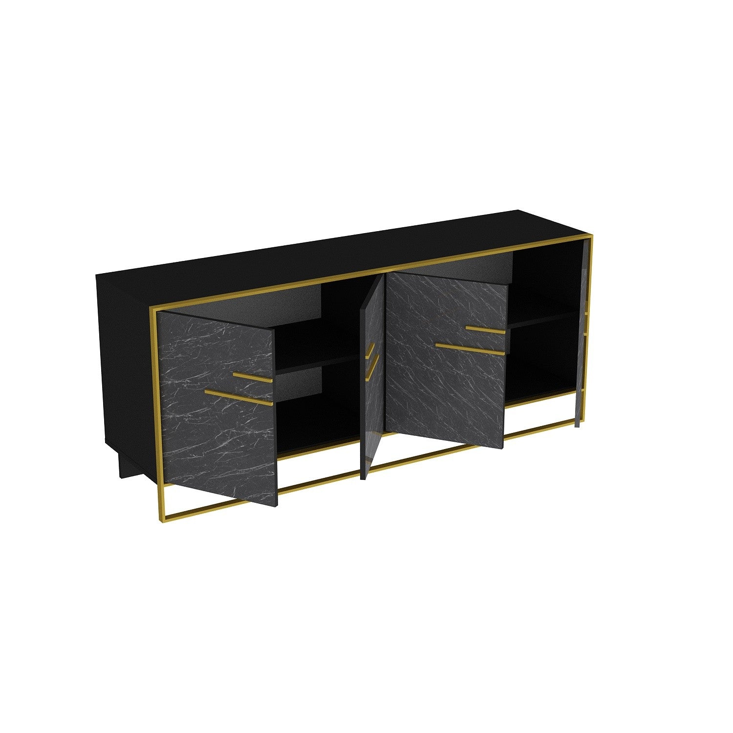 Aparador Moderno com Acabamento Dourado e Preto, 179,9 cm | Painel de Partículas 100% Revestido com Melamina, 100% Metal | Montável na Parede, Design Elegante em Mármore, 18 mm de Espessura