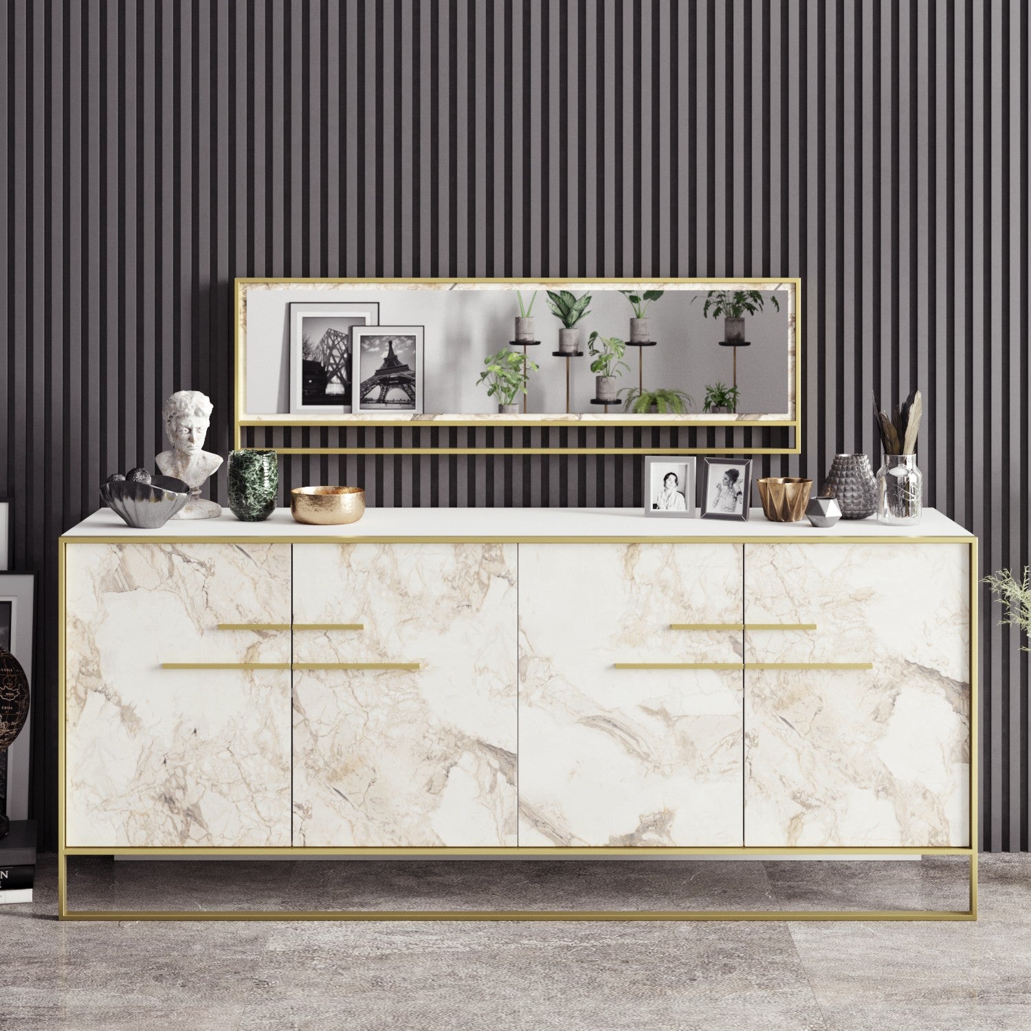 Aparador Moderno com Espelho, Dourado e Branco, 179,9 x 75 x 47,3 cm | Revestimento 100% melamina, 18 mm de espessura, para montagem na parede, Design Glamouroso em Mármore