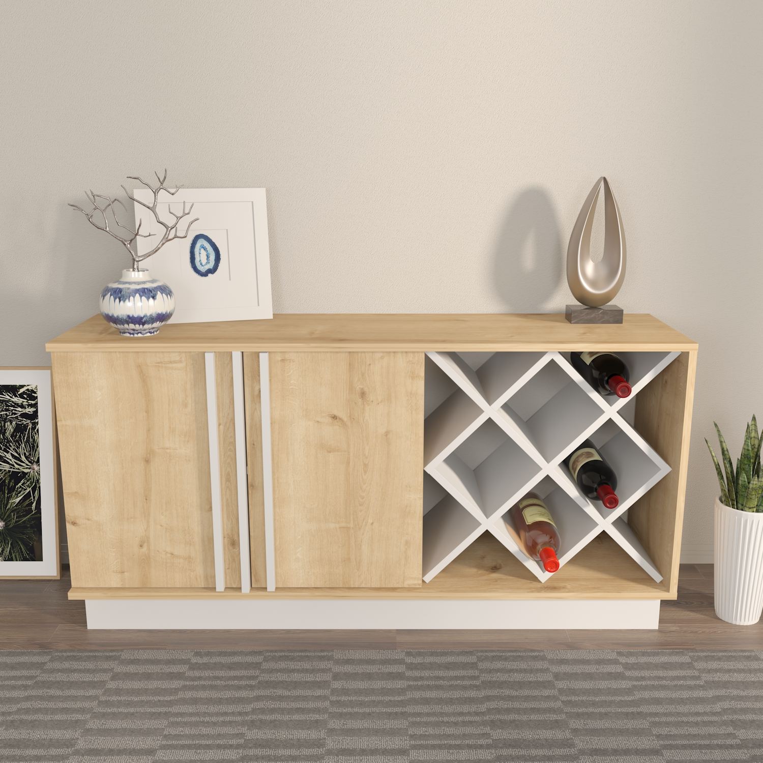 Aparador em MDF revestido com melamina – 148 cm x 70 cm x 40 cm – Carvalho Safira e Branco