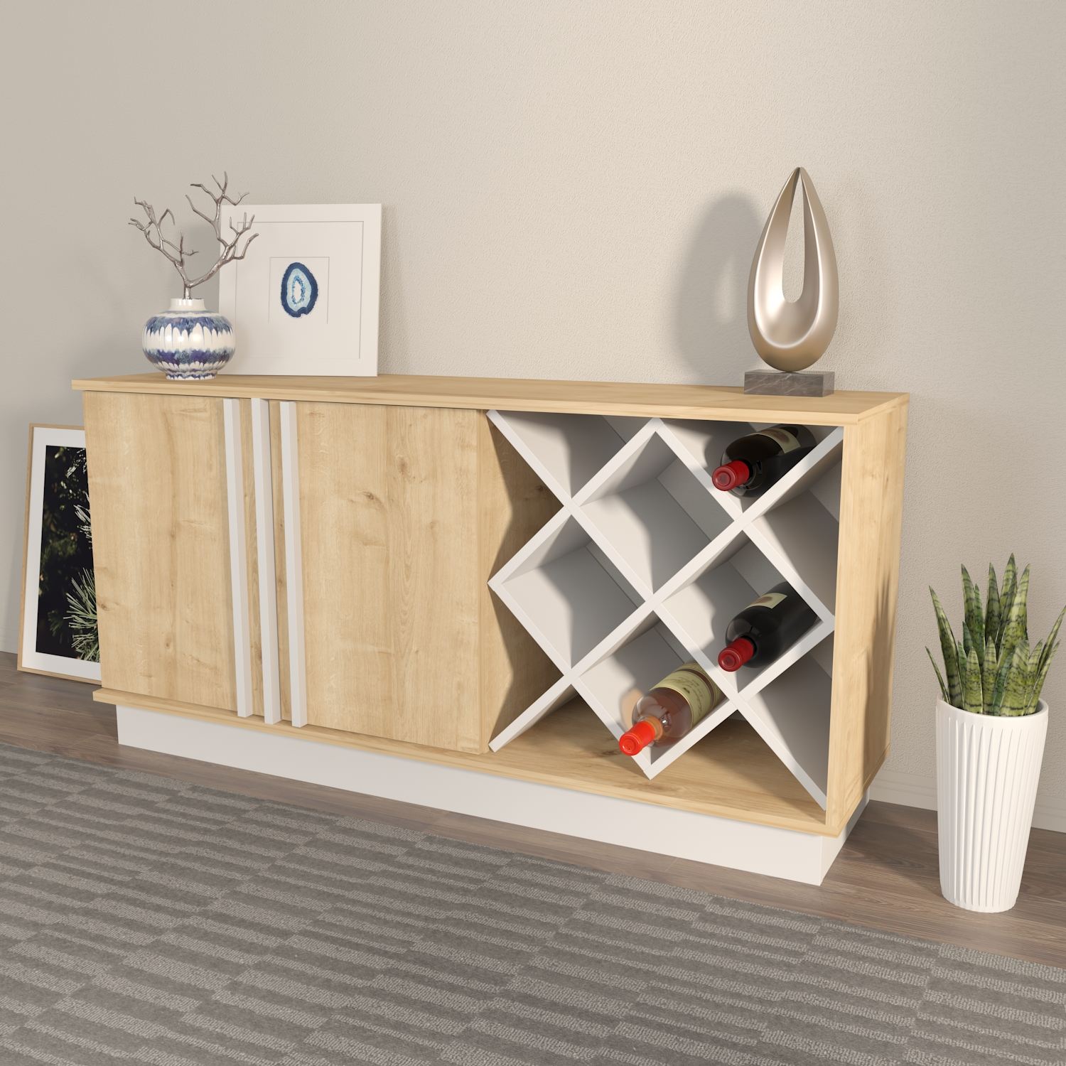 Aparador em MDF revestido com melamina – 148 cm x 70 cm x 40 cm – Carvalho Safira e Branco