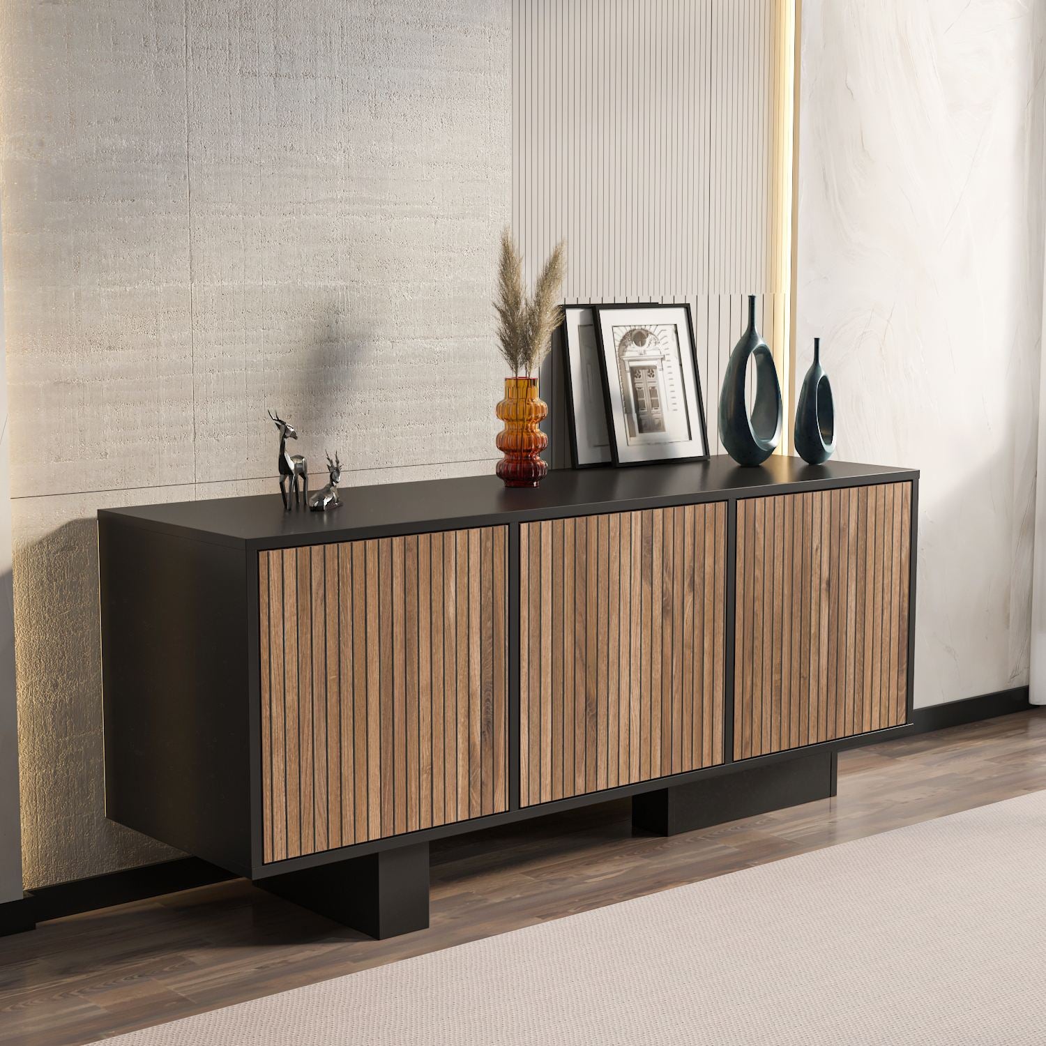 Aparador – 150cm x 51,5cm x 45cm – Preto e Nogueira Clara – MDF