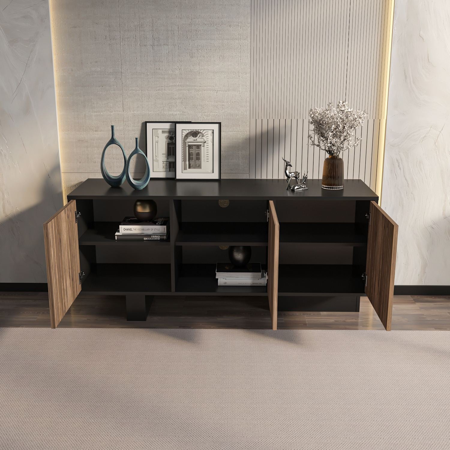 Aparador – 150cm x 51,5cm x 45cm – Preto e Nogueira Clara – MDF