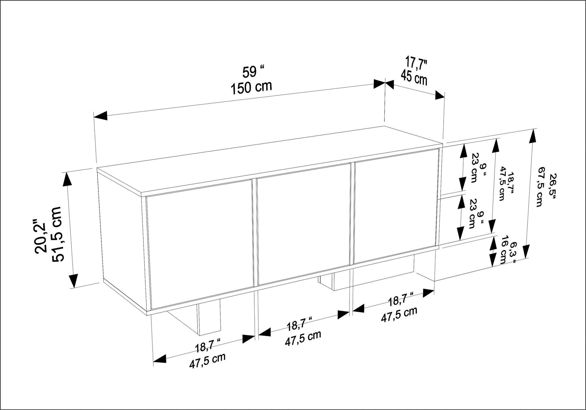 Aparador – 150cm x 51,5cm x 45cm – Preto e Nogueira Clara – MDF