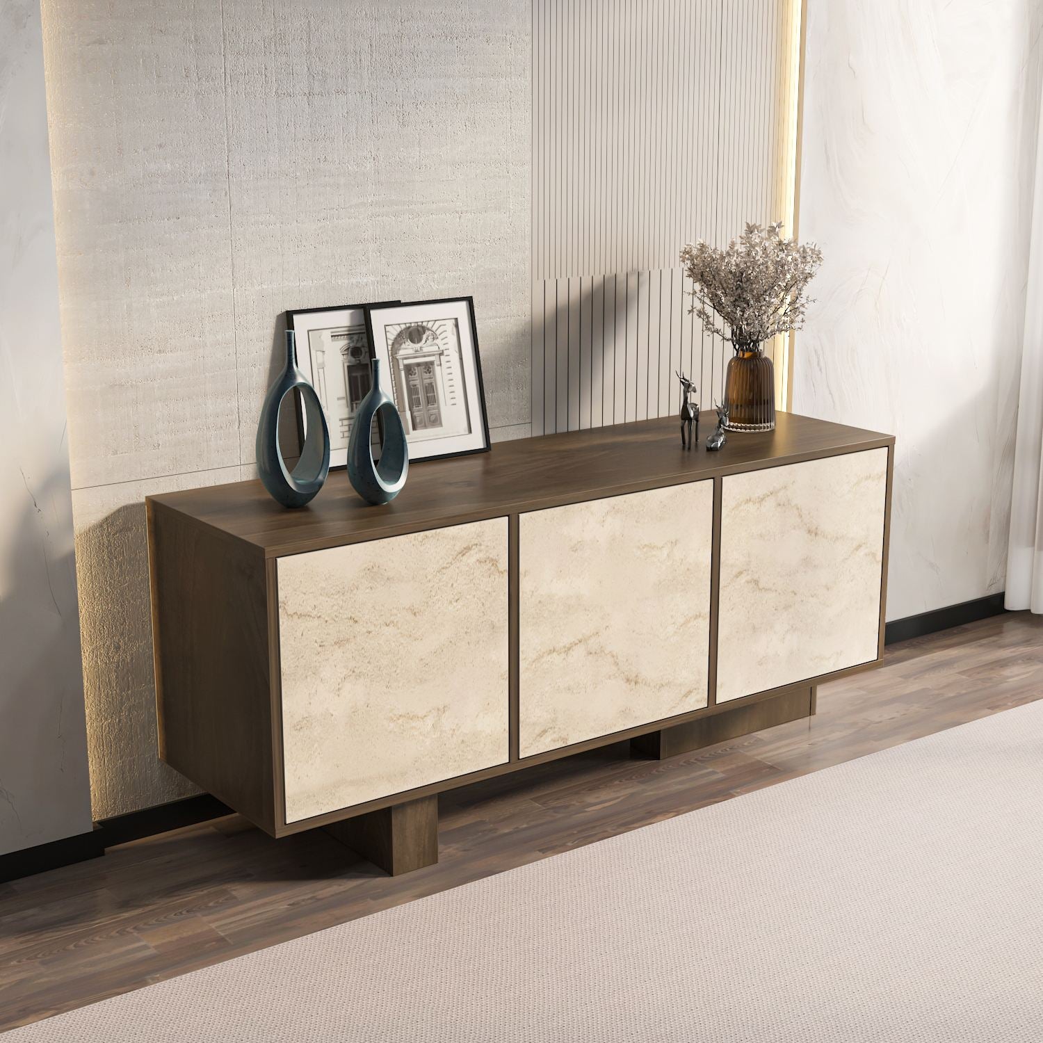 Aparador – 150cm x 51,5cm x 45cm – Noz e Travertino – MDF