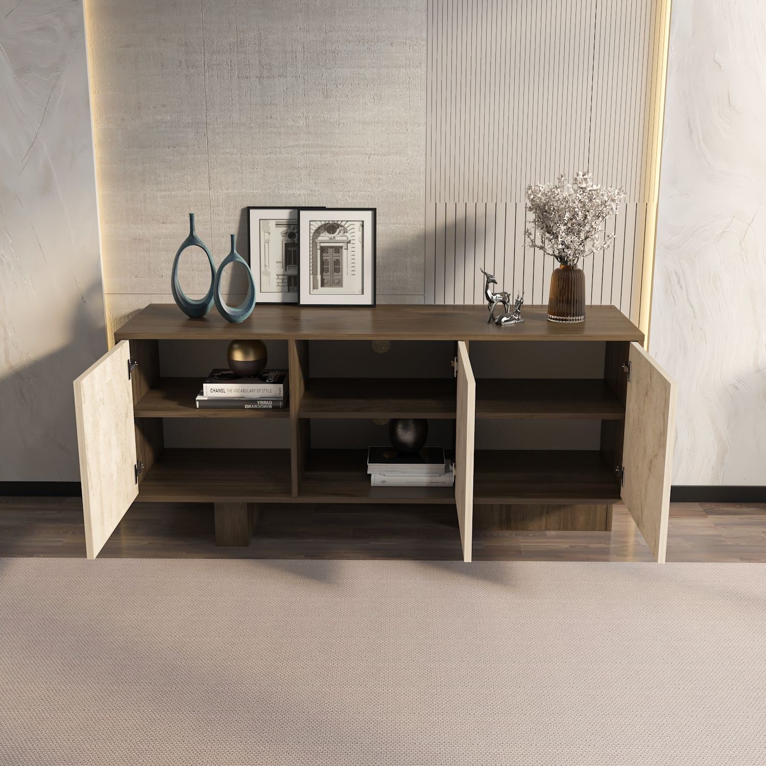 Aparador – 150cm x 51,5cm x 45cm – Noz e Travertino – MDF