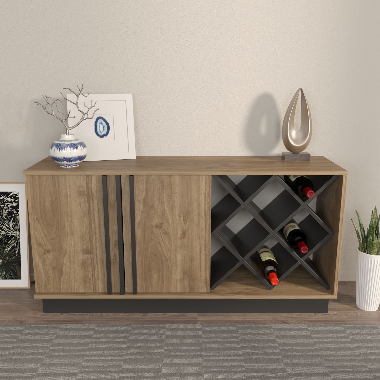 Aparador em MDF revestido com melamina – 148x70x40 cm – Nogueira e Preto