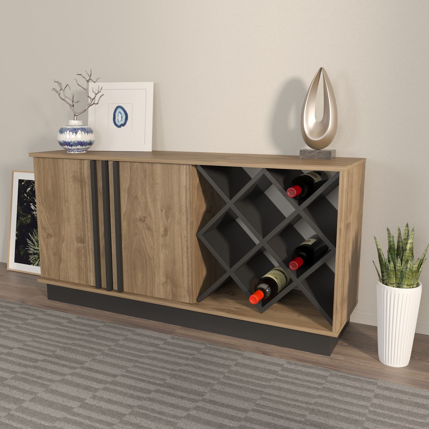 Aparador em MDF revestido com melamina – 148x70x40 cm – Nogueira e Preto