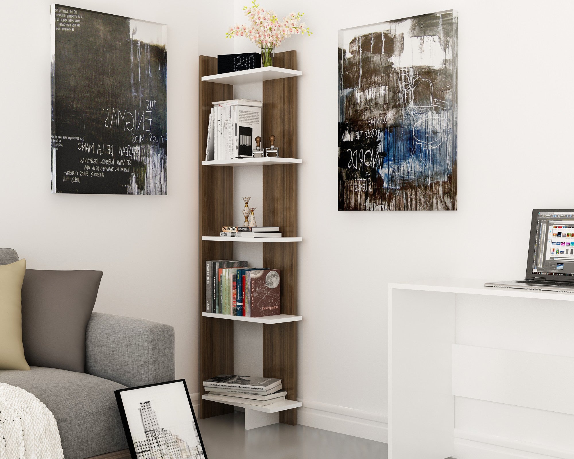 Estante moderna em nogueira e branco, 45 cm L x 170 cm A x 22 cm P | 100% revestida em melamina, 18 mm de espessura | Solução de armazenamento elegante e montável na parede