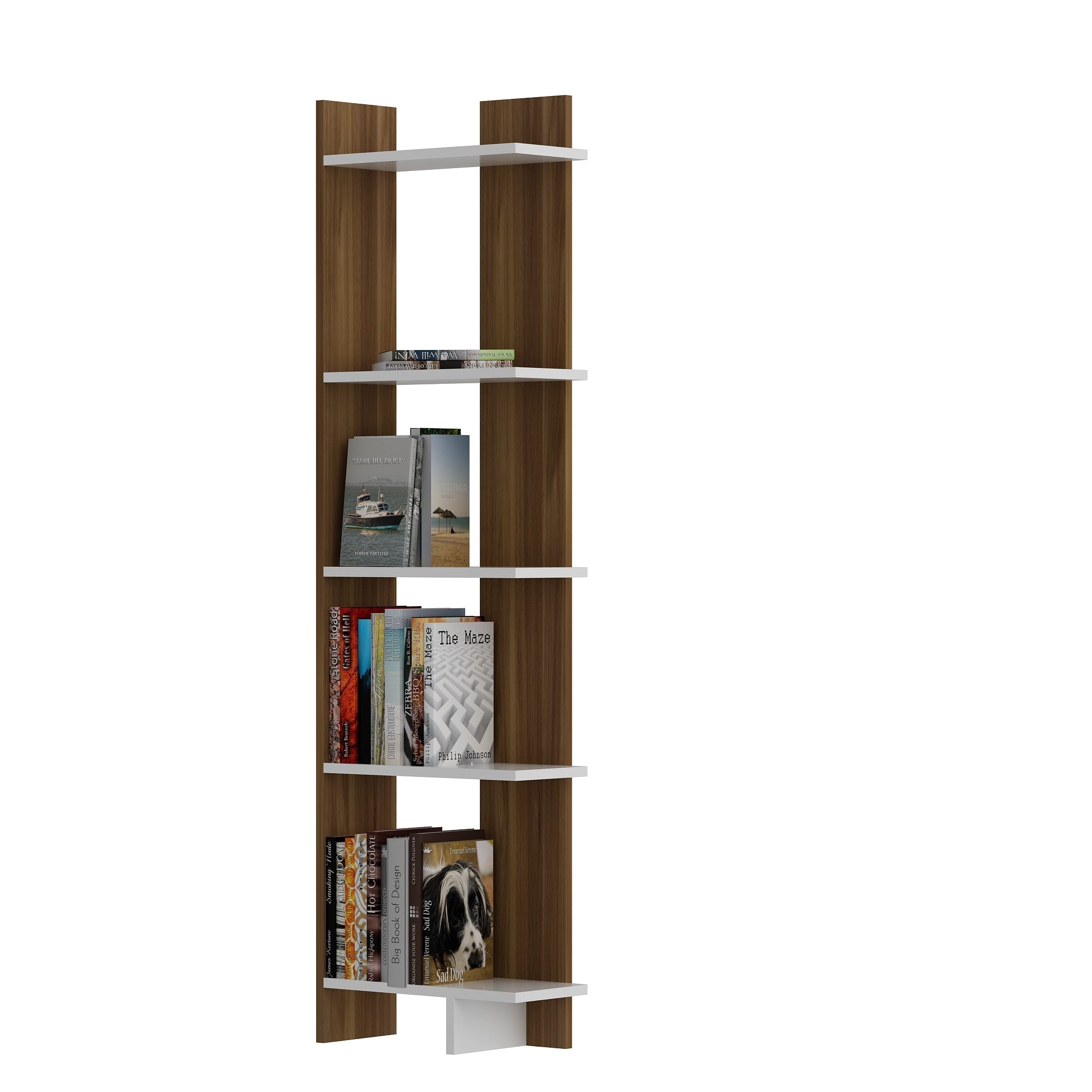 Estante moderna em nogueira e branco, 45 cm L x 170 cm A x 22 cm P | 100% revestida em melamina, 18 mm de espessura | Solução de armazenamento elegante e montável na parede