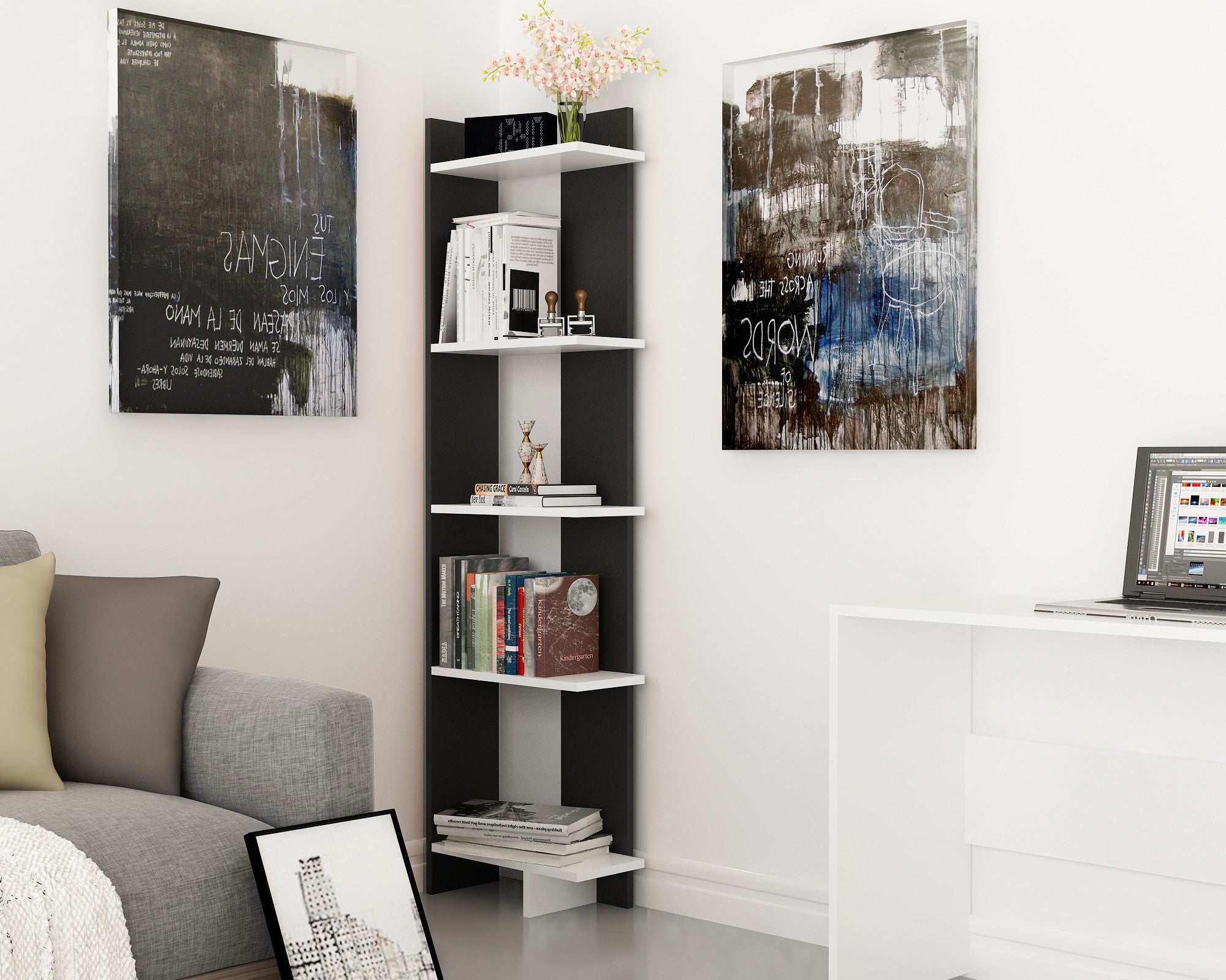 Estante de parede moderna, preta e branca, 45 x 170 x 22 cm | Painel de partículas 100% revestido de melamina, 18 mm de espessura | Solução de armazenamento elegante para casa e escritório