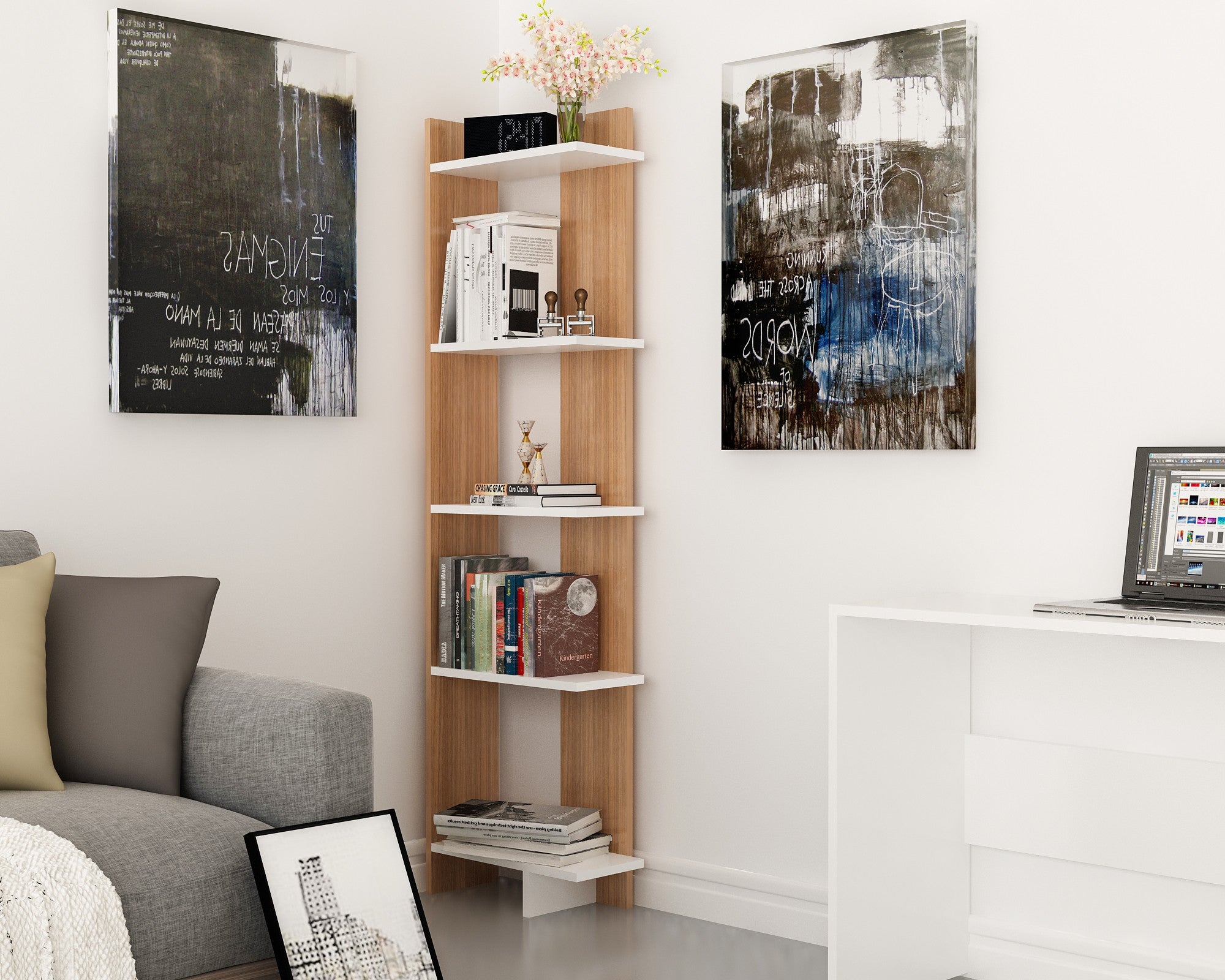 Estante moderna – 45 x 170 x 22 cm – Teca e Branco – Painel de partículas