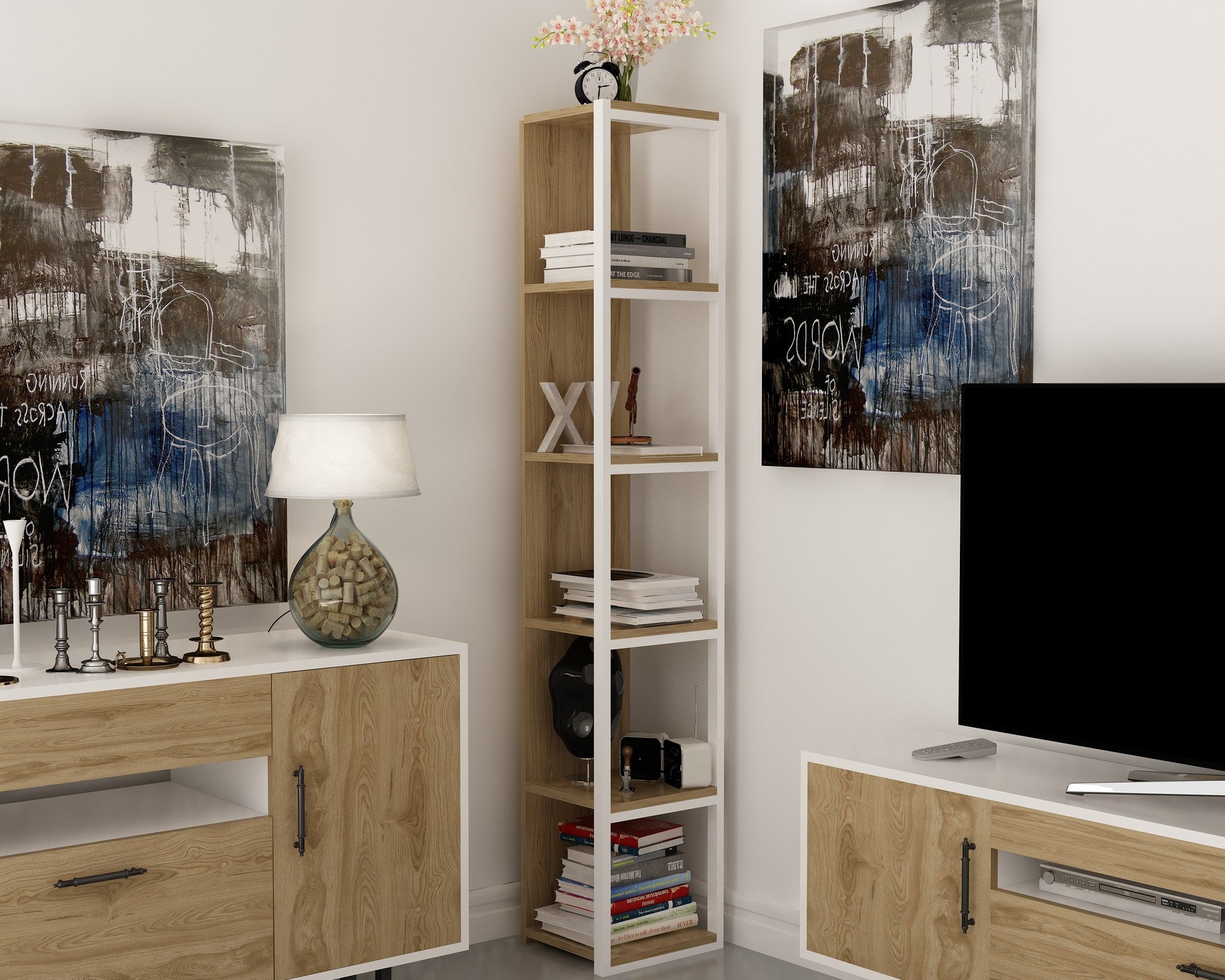 Estante moderna em carvalho e branco, 33,7 cm L x 180 cm A x 29,5 cm P | 100% revestida em melamina, estrutura de metal, montável na parede, solução de armazenamento elegante