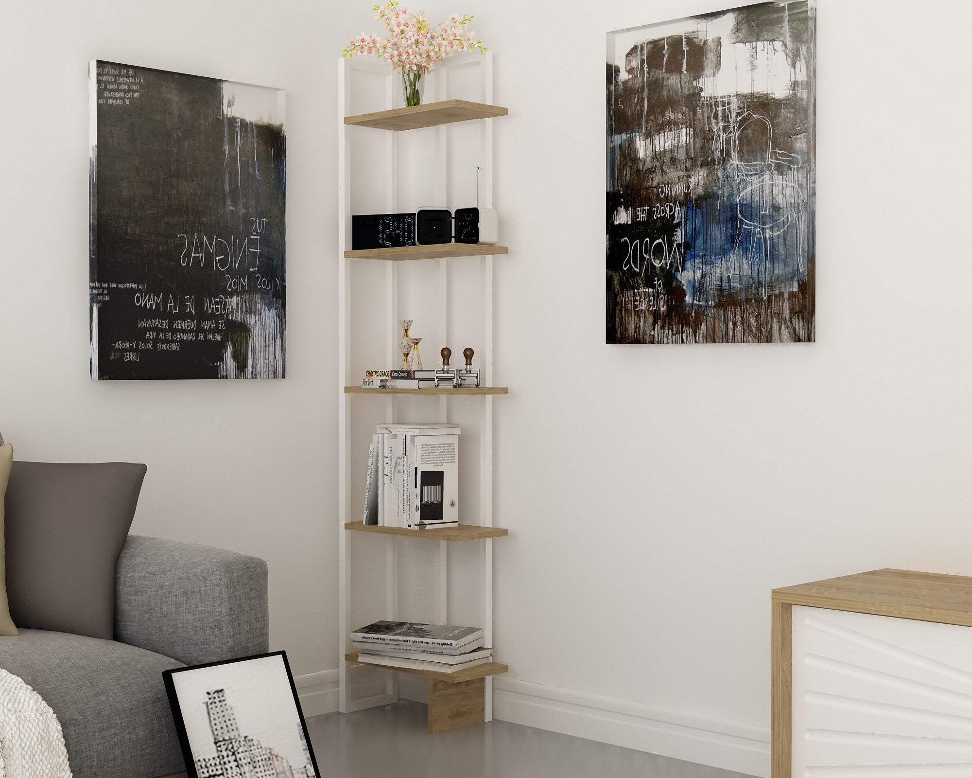 Estante moderna – 45 cm L x 180 cm A x 22 cm P – carvalho e branco – melamina