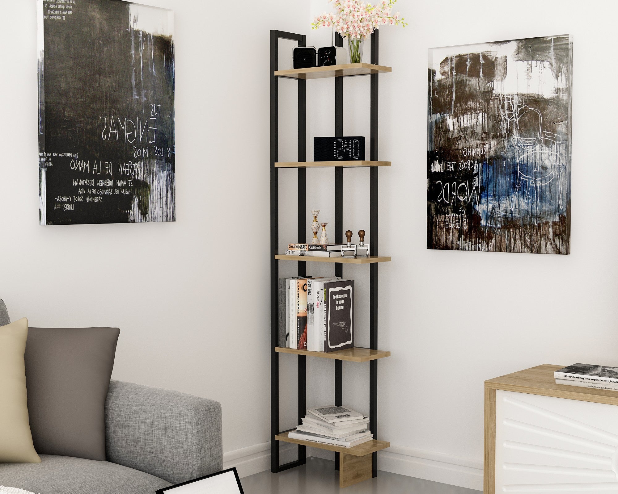 Estante de Livros – 45 x 180 x 22 cm – Carvalho e Preto – Painel de Partículas com Melamina