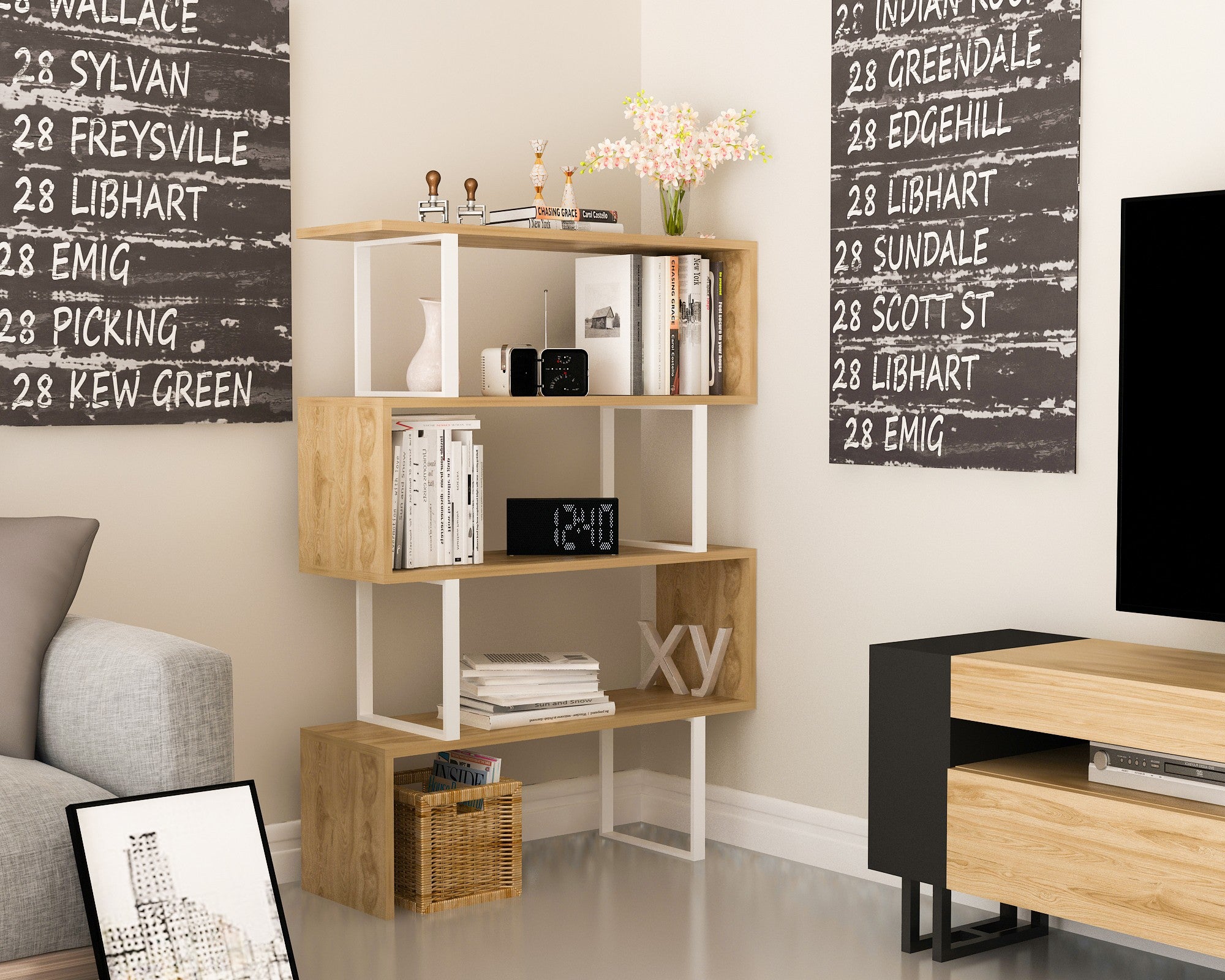Estante moderna com estrutura de metal, carvalho e branco, 91,5 x 124,5 x 29,5 cm | 100% revestida em melamina, 18 mm de espessura | Solução de armazenamento elegante e montável na parede
