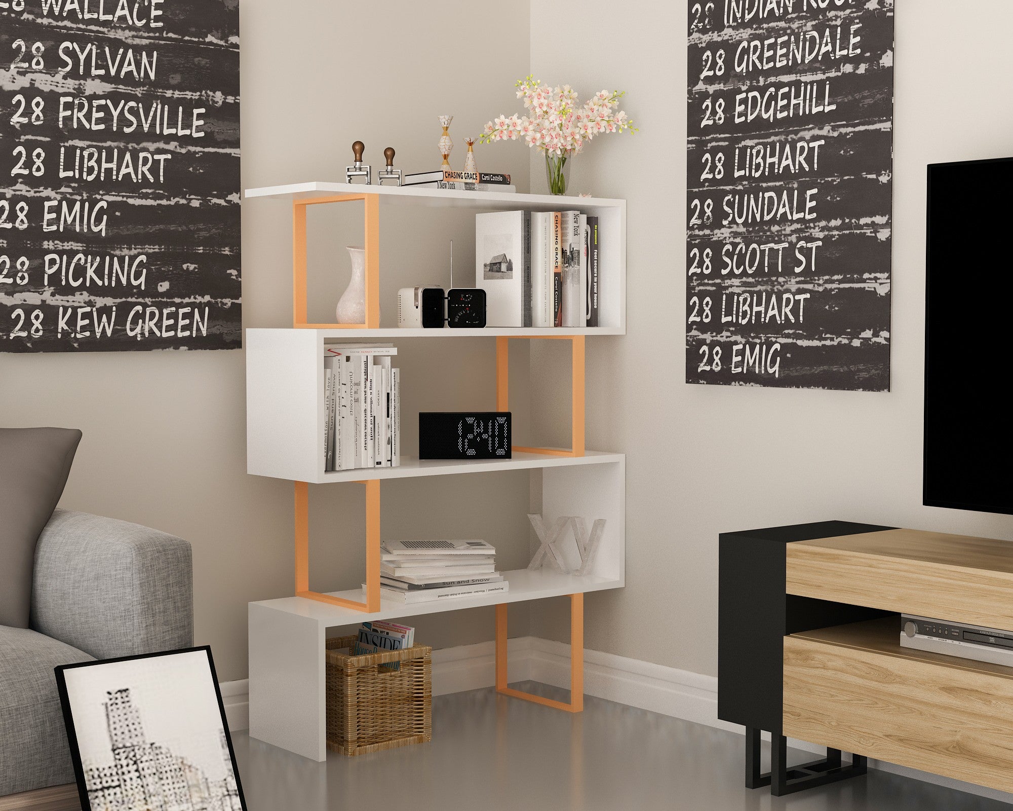 Estante moderna dourada e branca, 91,5 x 124,5 x 29,5 cm | Painel de partículas 100% revestido de melamina, 18 mm de espessura, estrutura de metal | Solução de armazenamento elegante e montável na parede