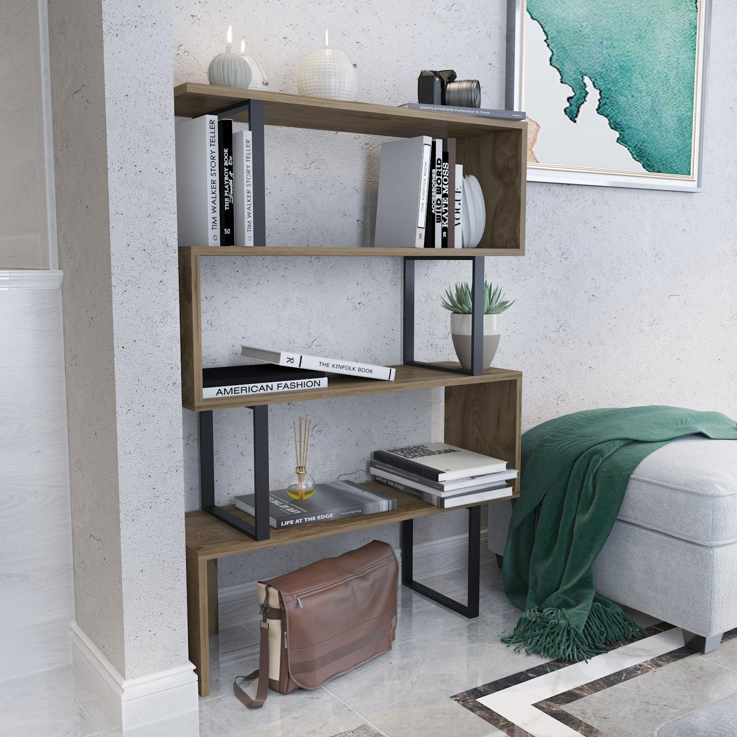 Estante Industrial Moderna – 91,5 x 124,5 x 29,5 cm – Carvalho e Preto – Painel de partículas revestido a melamina