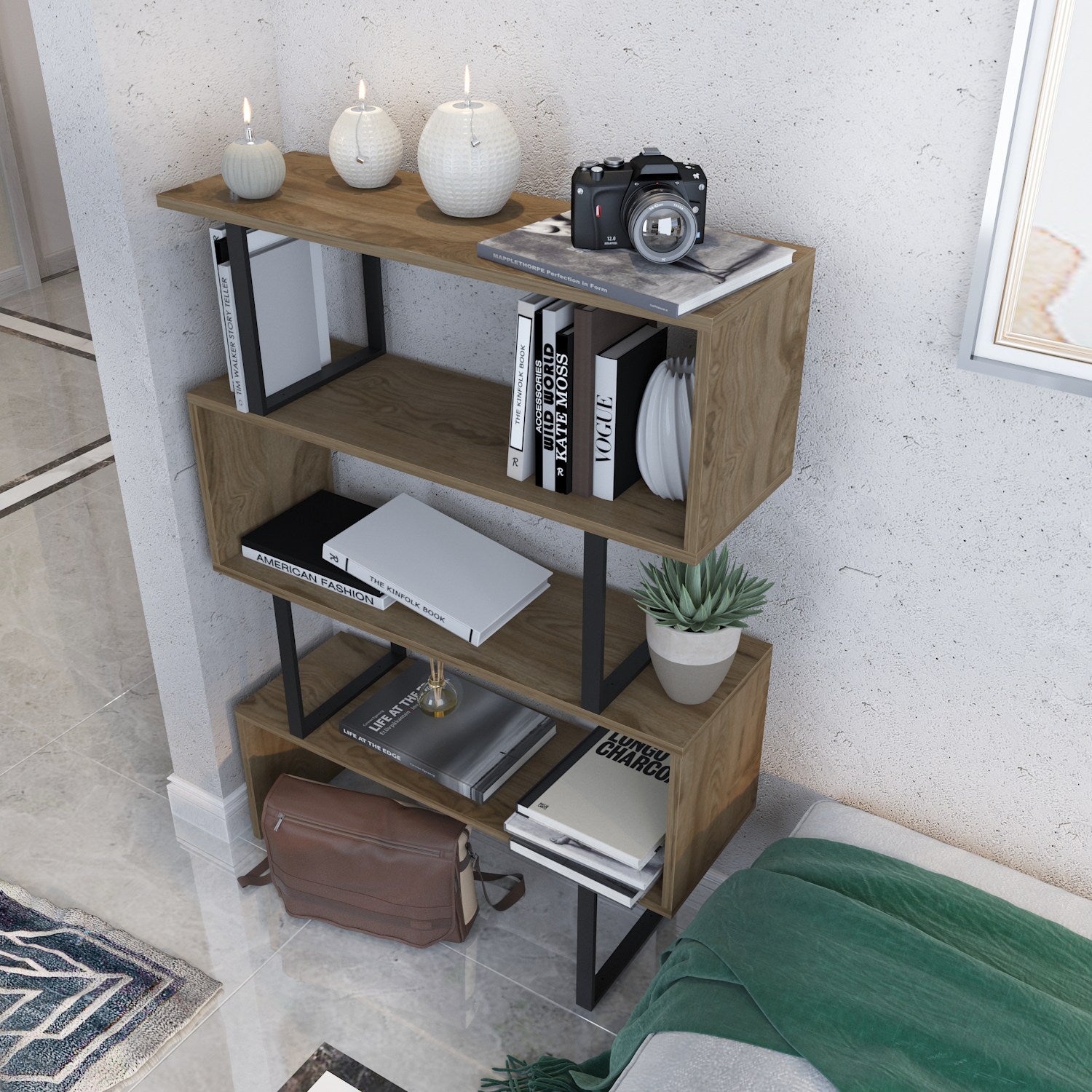 Estante Industrial Moderna – 91,5 x 124,5 x 29,5 cm – Carvalho e Preto – Painel de partículas revestido a melamina