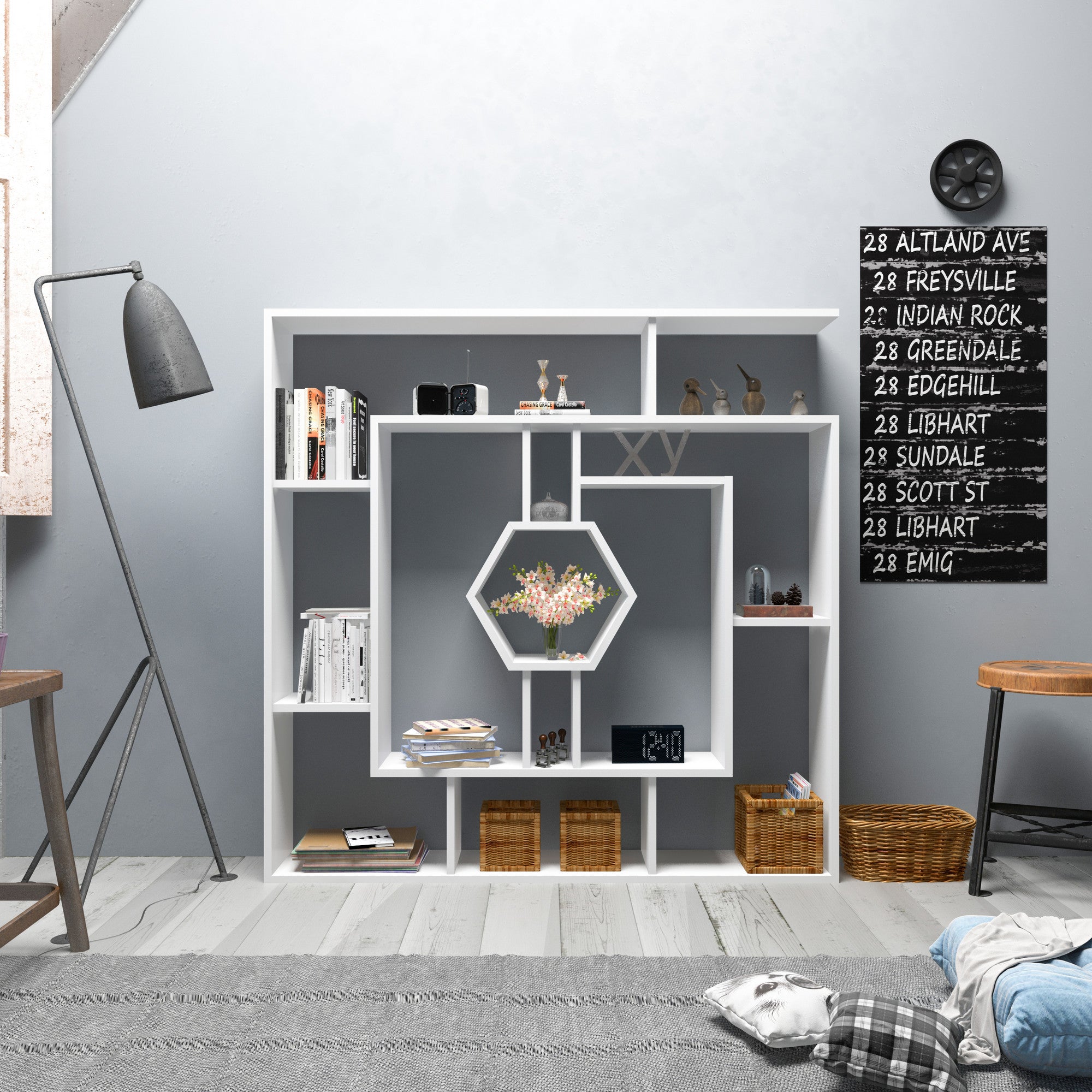 Estante branca moderna, 134 x 134 x 22 cm | Painel de partículas 100% revestido em melamina, 18 mm de espessura | Solução de armazenamento elegante e montável na parede para casa e escritório