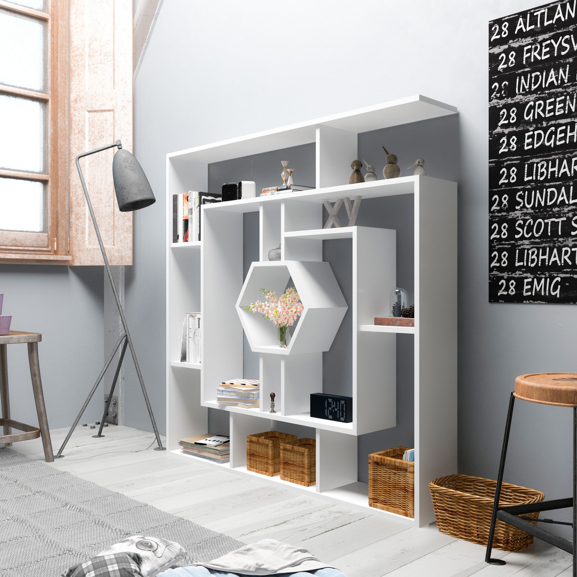 Estante branca moderna, 134 x 134 x 22 cm | Painel de partículas 100% revestido em melamina, 18 mm de espessura | Solução de armazenamento elegante e montável na parede para casa e escritório
