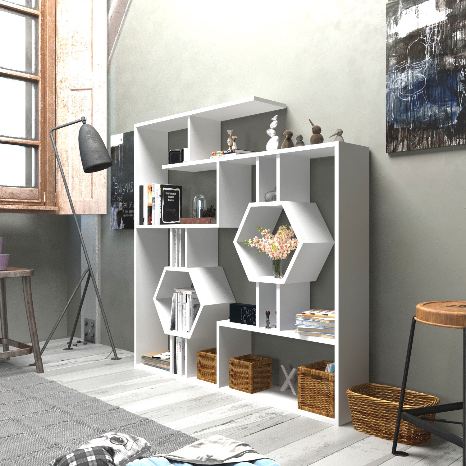 Estante branca moderna, 134 x 134 x 22 cm | Painel de partículas 100% revestido em melamina, 18 mm de espessura | Solução de armazenamento elegante e montável na parede para casa e escritório