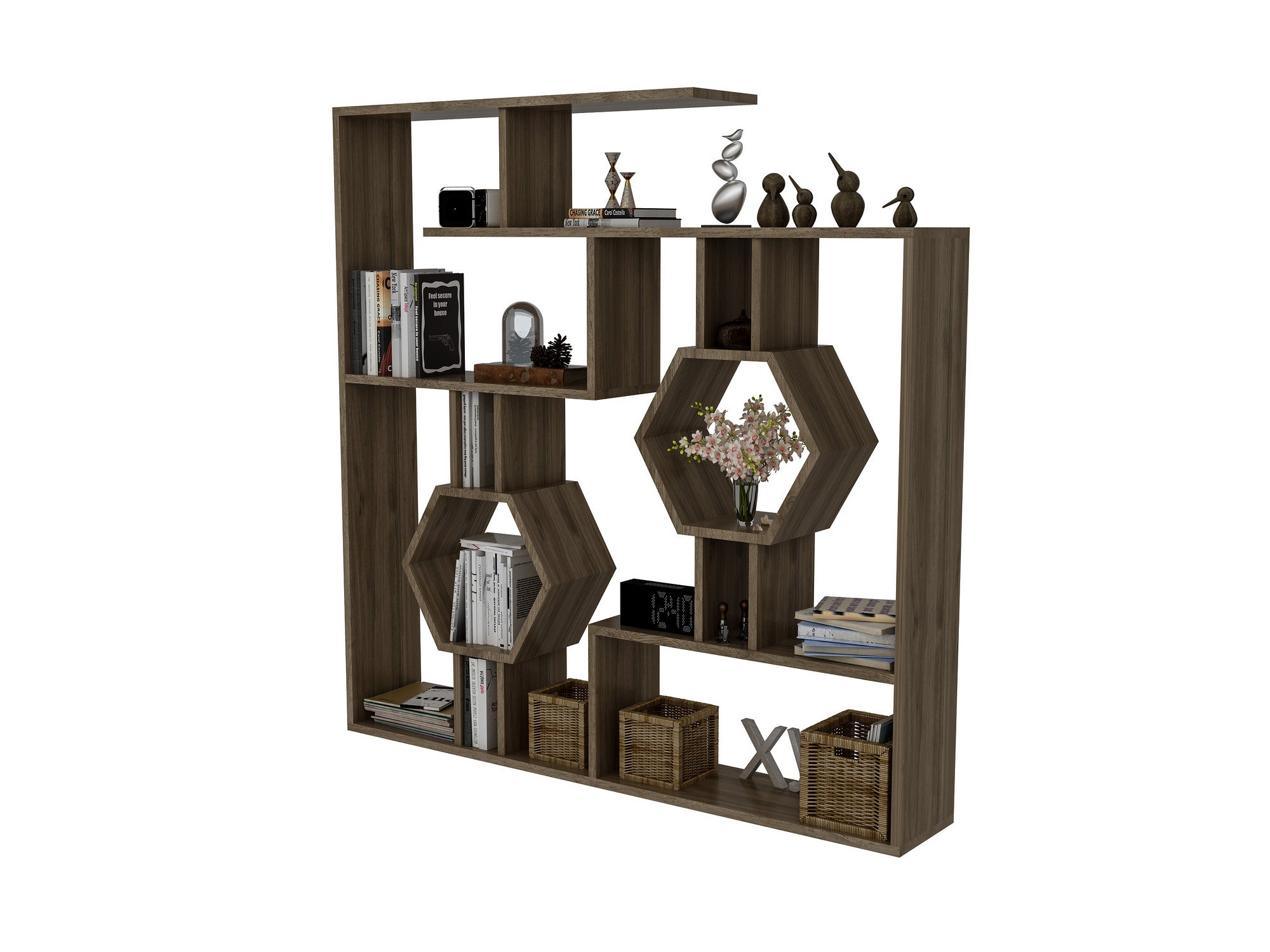 Estante moderna em nogueira, 134 x 134 x 22 cm | Painel de partículas 100% revestido em melamina, 18 mm de espessura | Solução de armazenamento elegante e montável na parede para casa e escritório