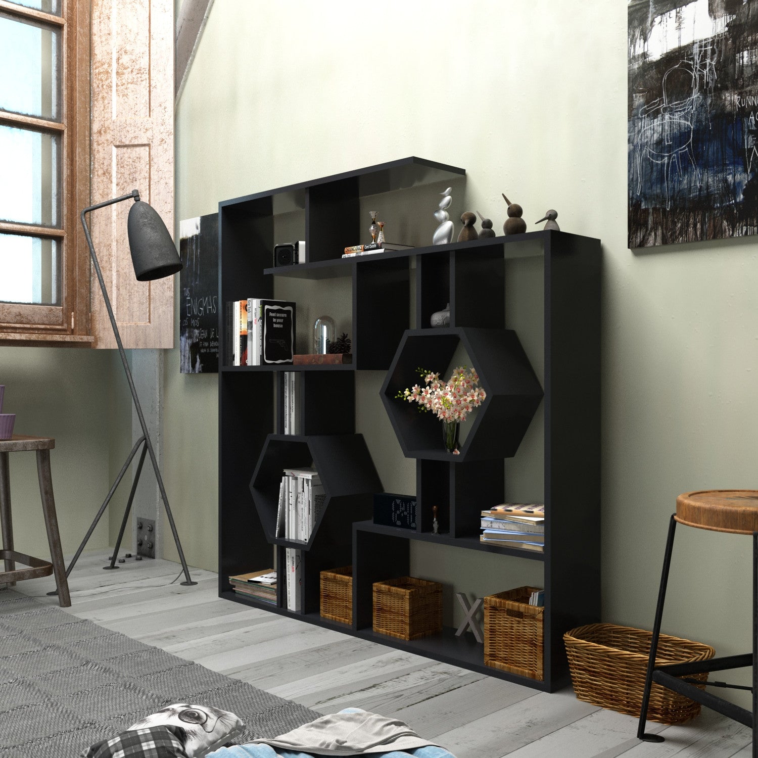 Estante preta moderna, 134 x 134 x 22 cm | Painel de partículas 100% revestido em melamina, 18 mm de espessura | Solução de armazenamento elegante e montável na parede para casa e escritório
