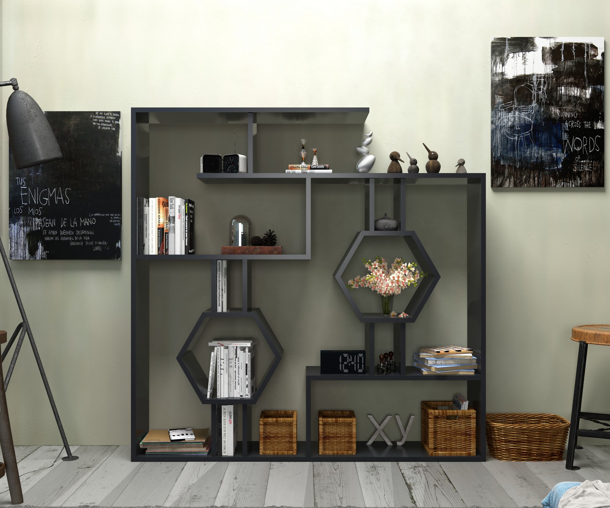 Estante preta moderna, 134 x 134 x 22 cm | Painel de partículas 100% revestido em melamina, 18 mm de espessura | Solução de armazenamento elegante e montável na parede para casa e escritório