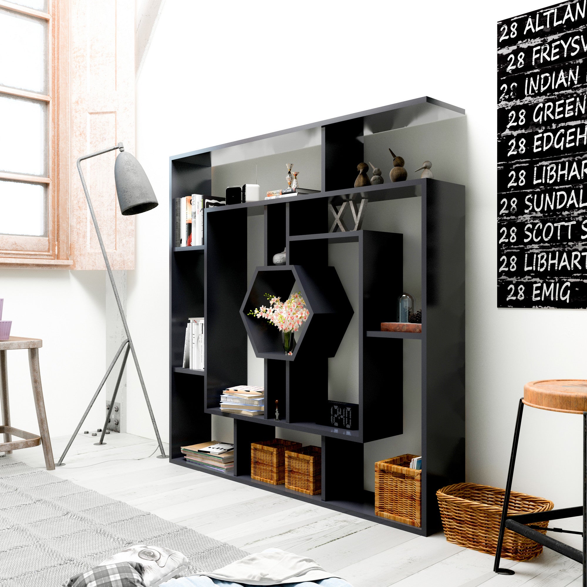 Estante preta moderna, 134 x 134 x 22 cm | Painel de partículas 100% revestido em melamina, 18 mm de espessura | Solução de armazenamento elegante e montável na parede para casa e escritório
