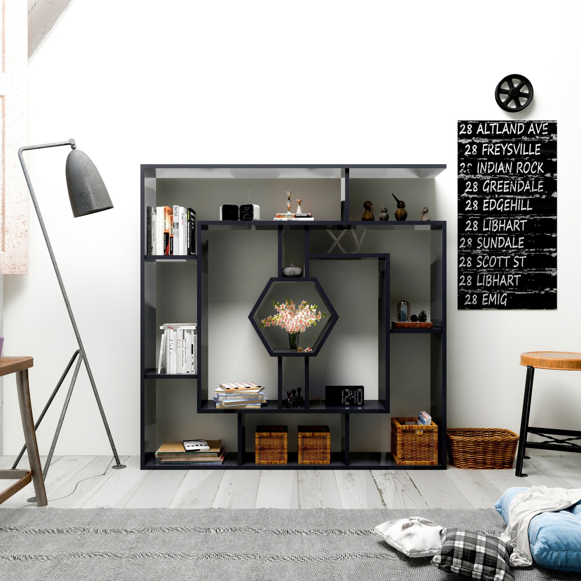 Estante preta moderna, 134 x 134 x 22 cm | Painel de partículas 100% revestido em melamina, 18 mm de espessura | Solução de armazenamento elegante e montável na parede para casa e escritório