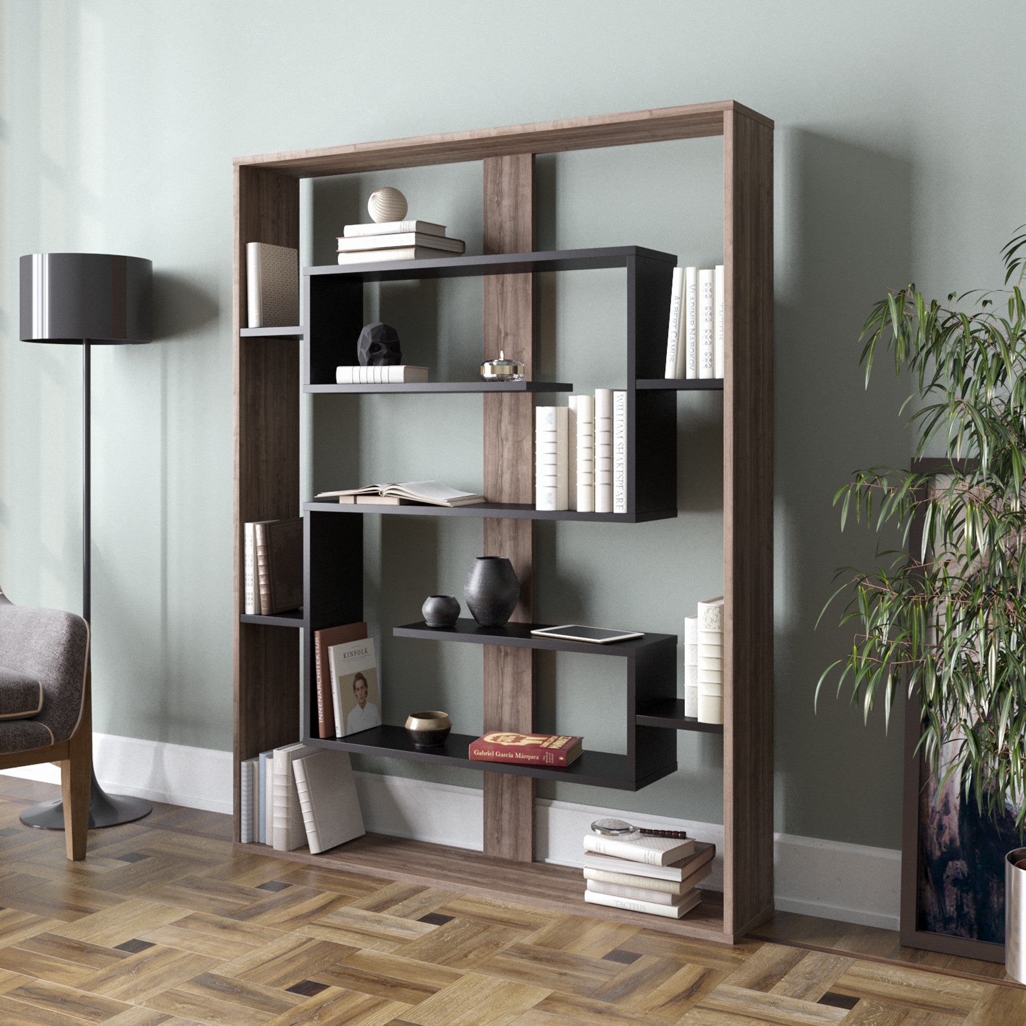 Estante moderna em nogueira e preto – 120 x 156 x 22 cm – painel de partículas