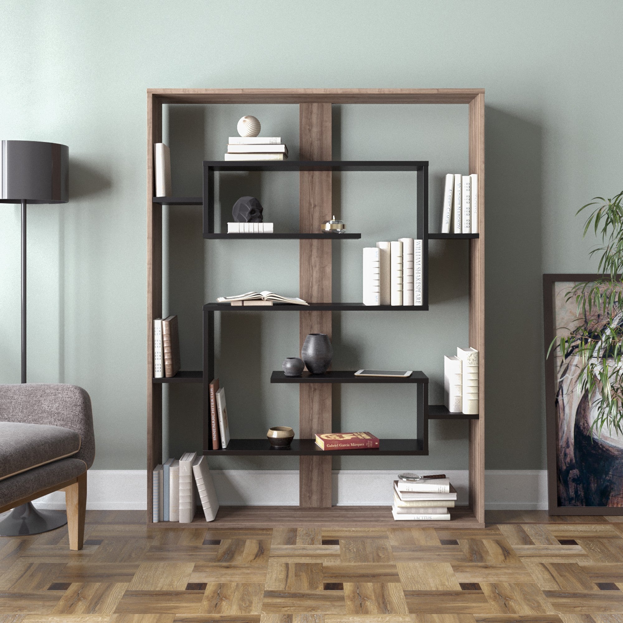 Estante moderna em nogueira e preto – 120 x 156 x 22 cm – painel de partículas