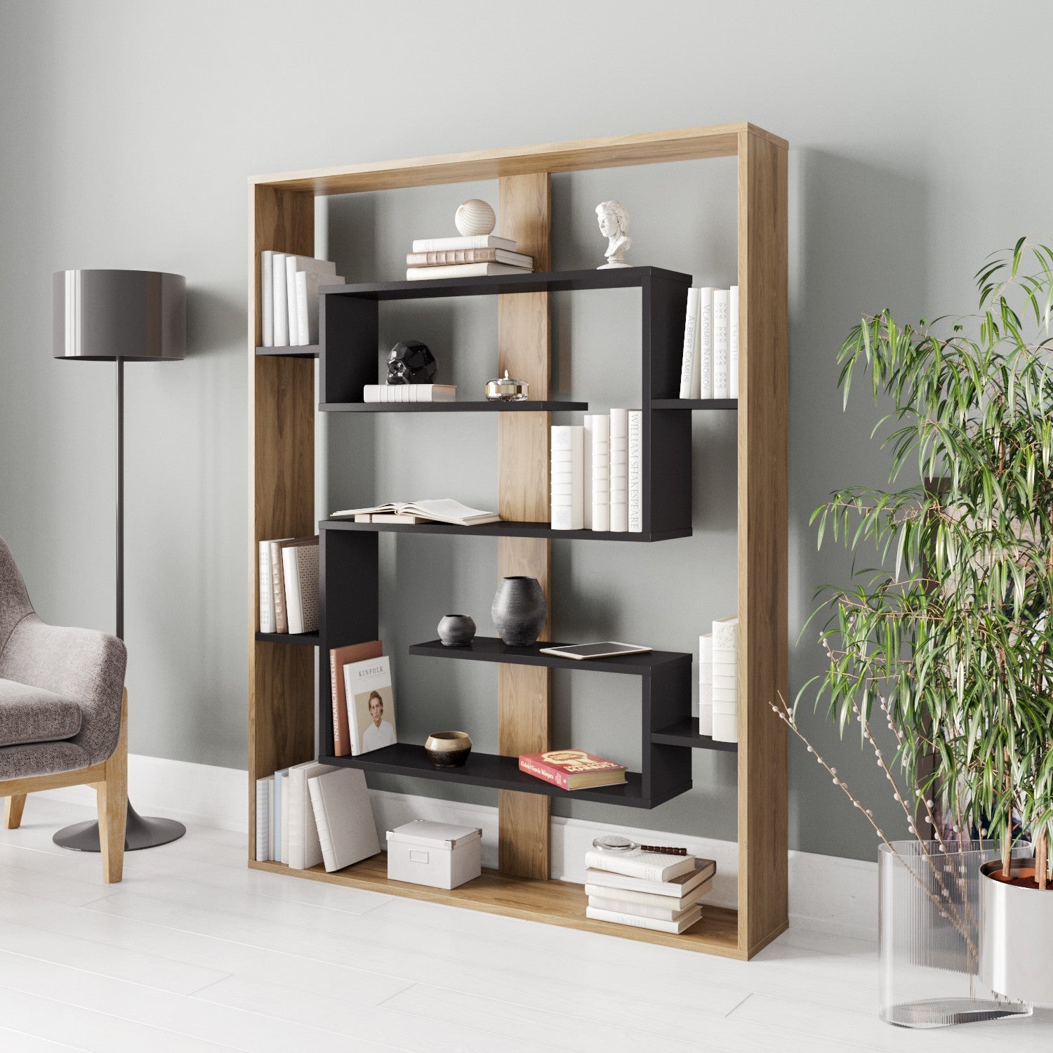 Estante de livros – 120 x 156 x 22 cm – Preto e Carvalho – Painel de partículas revestido a melamina