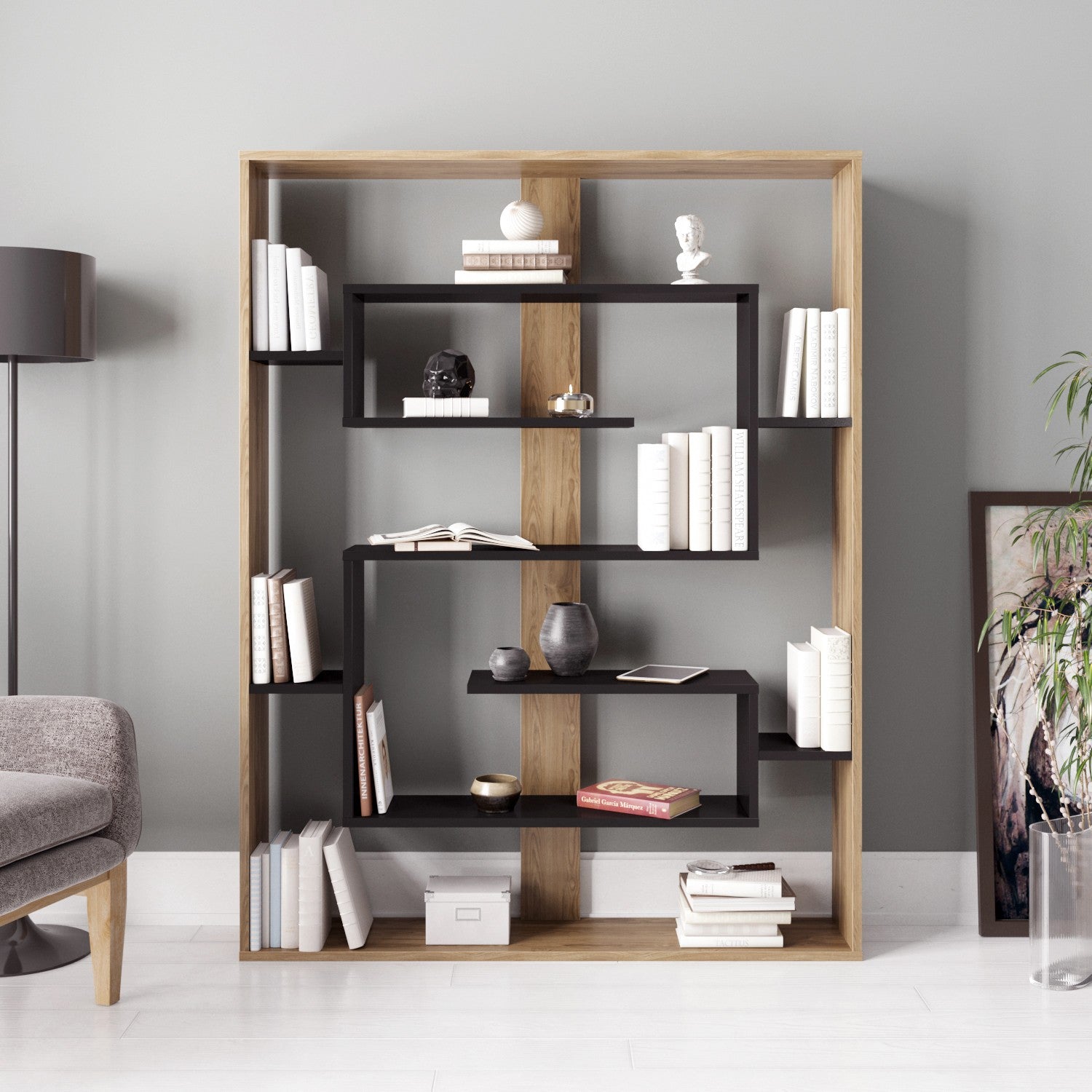 Estante de livros – 120 x 156 x 22 cm – Preto e Carvalho – Painel de partículas revestido a melamina