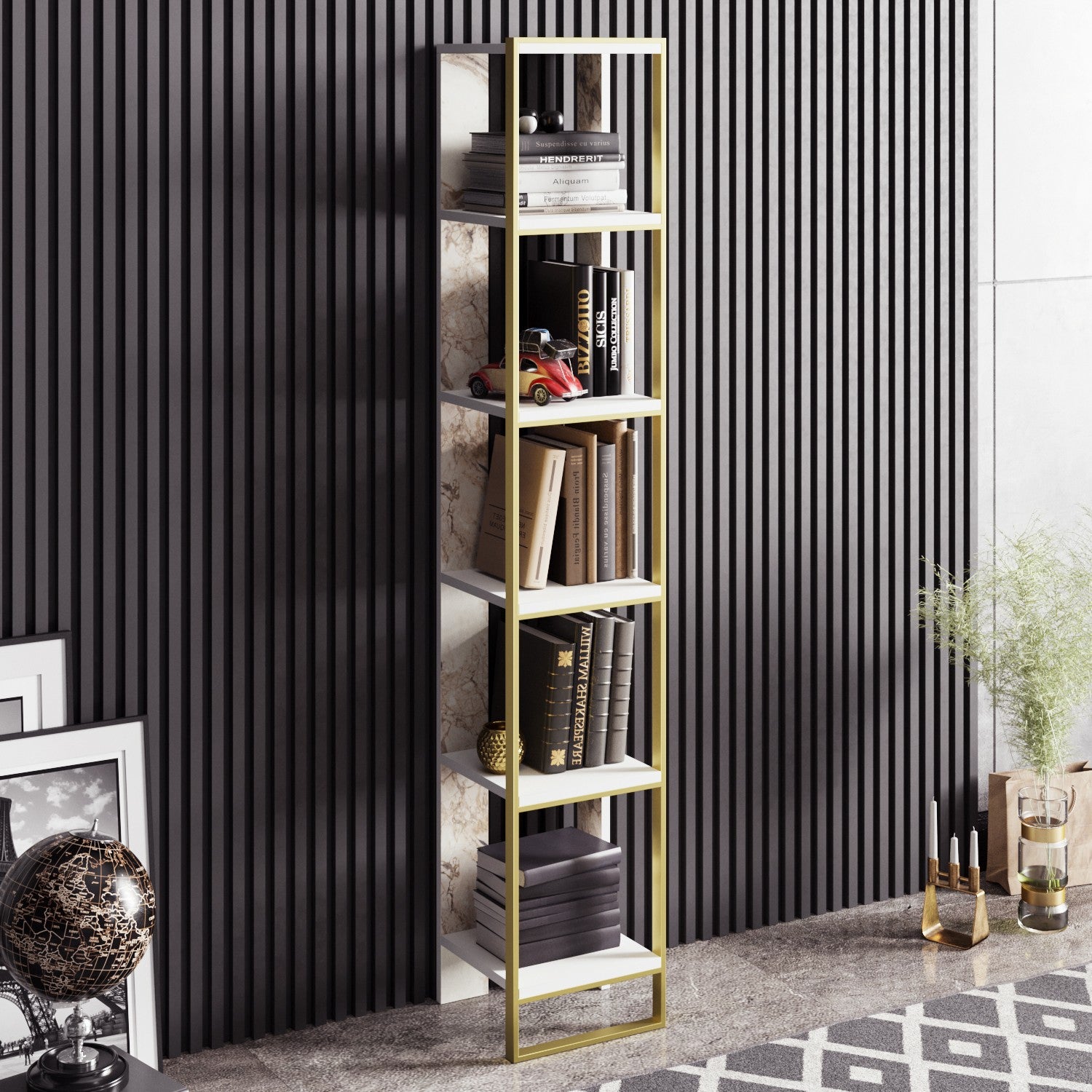 Estante Barroca Elegante, Dourado e Branco, 32,2 x 178,5 x 31,3 cm | Painel de Partículas 100% Revestido com Melamina, 18 mm de Espessura | Solução de Armazenamento Elegante e Montável na Parede