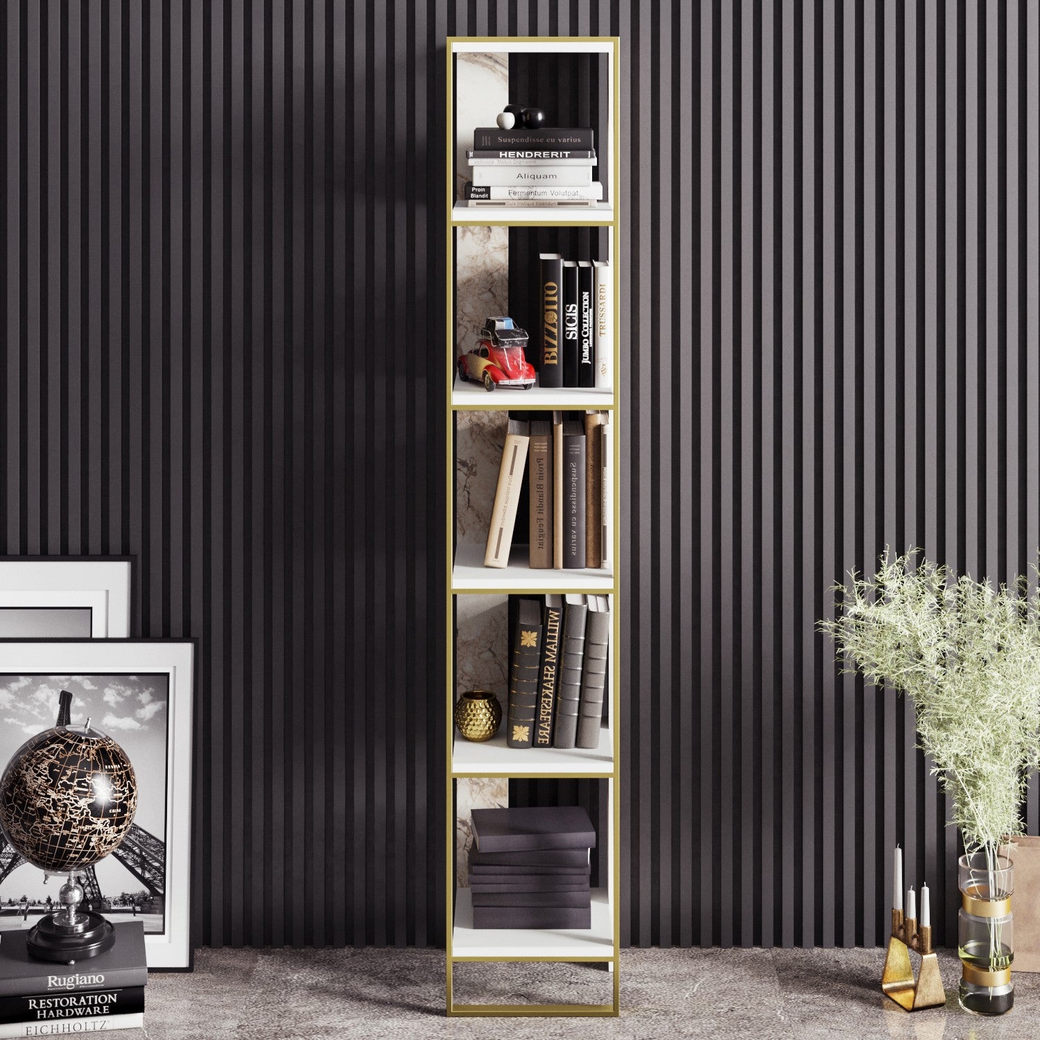 Estante Barroca Elegante, Dourado e Branco, 32,2 x 178,5 x 31,3 cm | Painel de Partículas 100% Revestido com Melamina, 18 mm de Espessura | Solução de Armazenamento Elegante e Montável na Parede