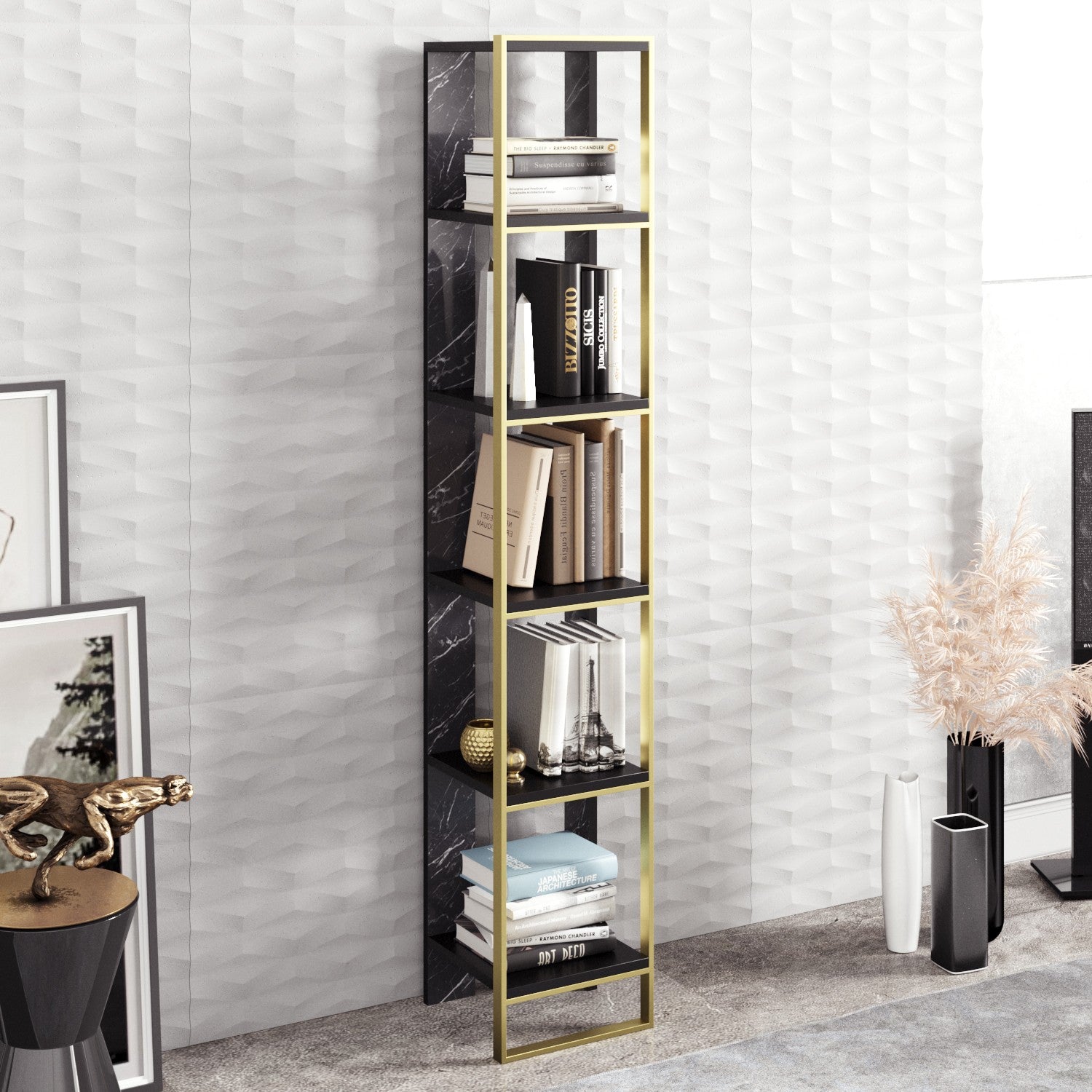 Estante Barroca Elegante, Dourada e Preta, 32,2 x 178,5 x 31,3 cm | Painel de Partículas 100% Revestido com Melamina, 18 mm de Espessura | Solução de Armazenamento Elegante e Montável na Parede