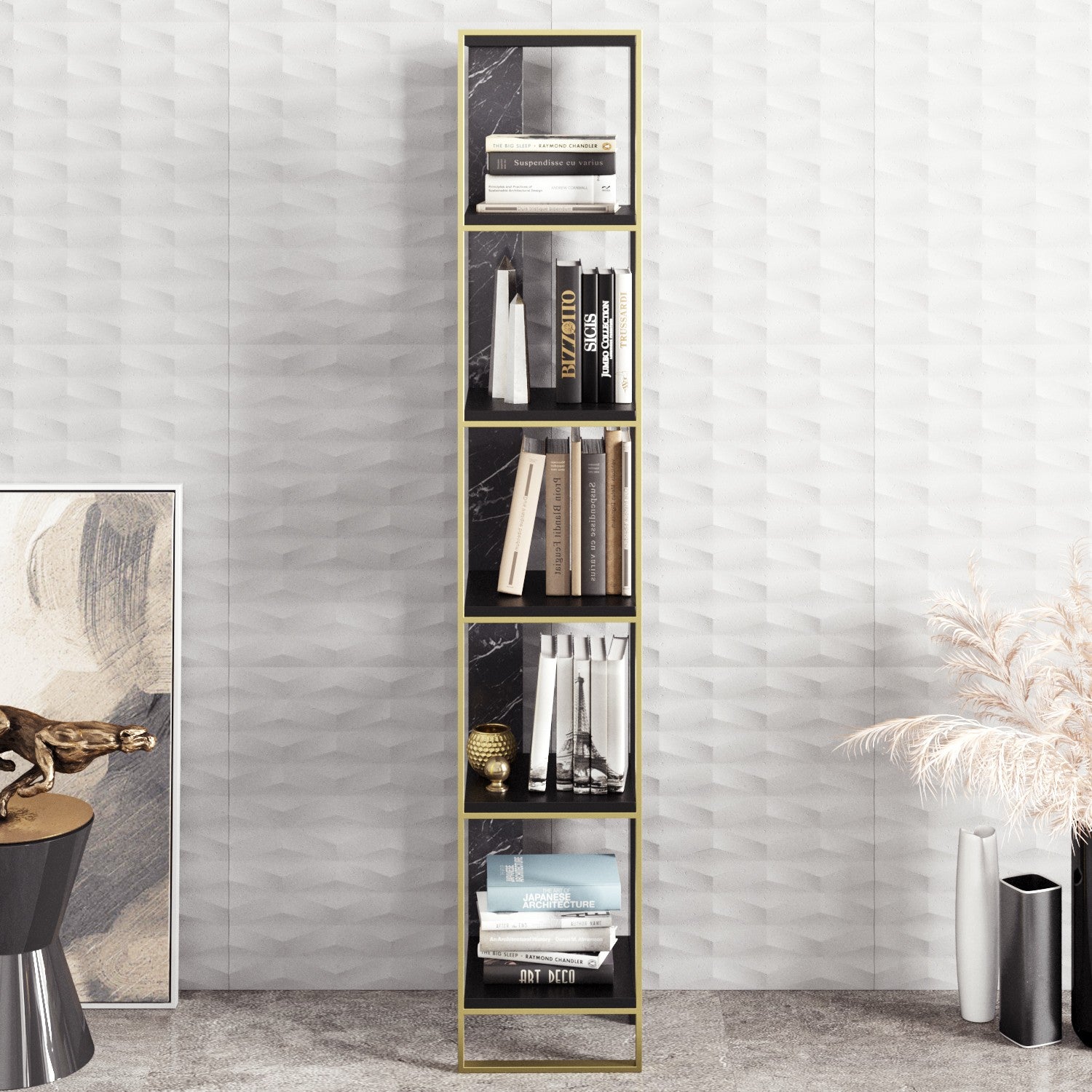 Estante Barroca Elegante, Dourada e Preta, 32,2 x 178,5 x 31,3 cm | Painel de Partículas 100% Revestido com Melamina, 18 mm de Espessura | Solução de Armazenamento Elegante e Montável na Parede