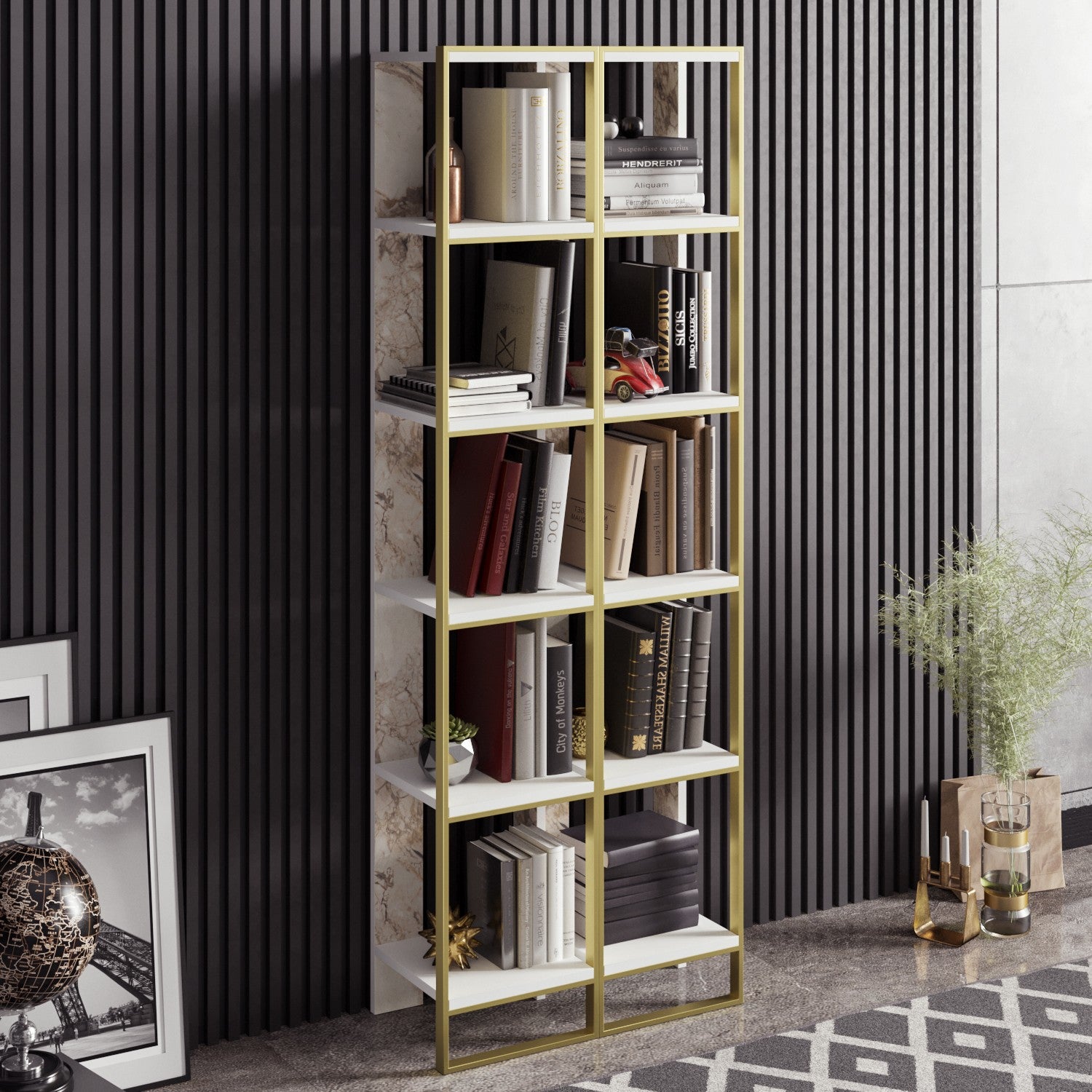 Estante elegante em estilo barroco (2 peças), dourada e branca, 32,2 x 178,5 x 31,3 cm | 100% revestida em melamina, detalhes em metal | Solução de armazenamento elegante e montável na parede