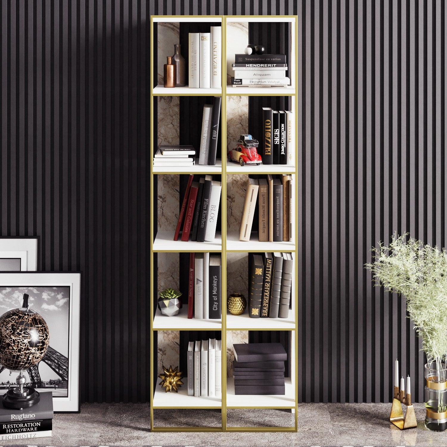 Estante elegante em estilo barroco (2 peças), dourada e branca, 32,2 x 178,5 x 31,3 cm | 100% revestida em melamina, detalhes em metal | Solução de armazenamento elegante e montável na parede