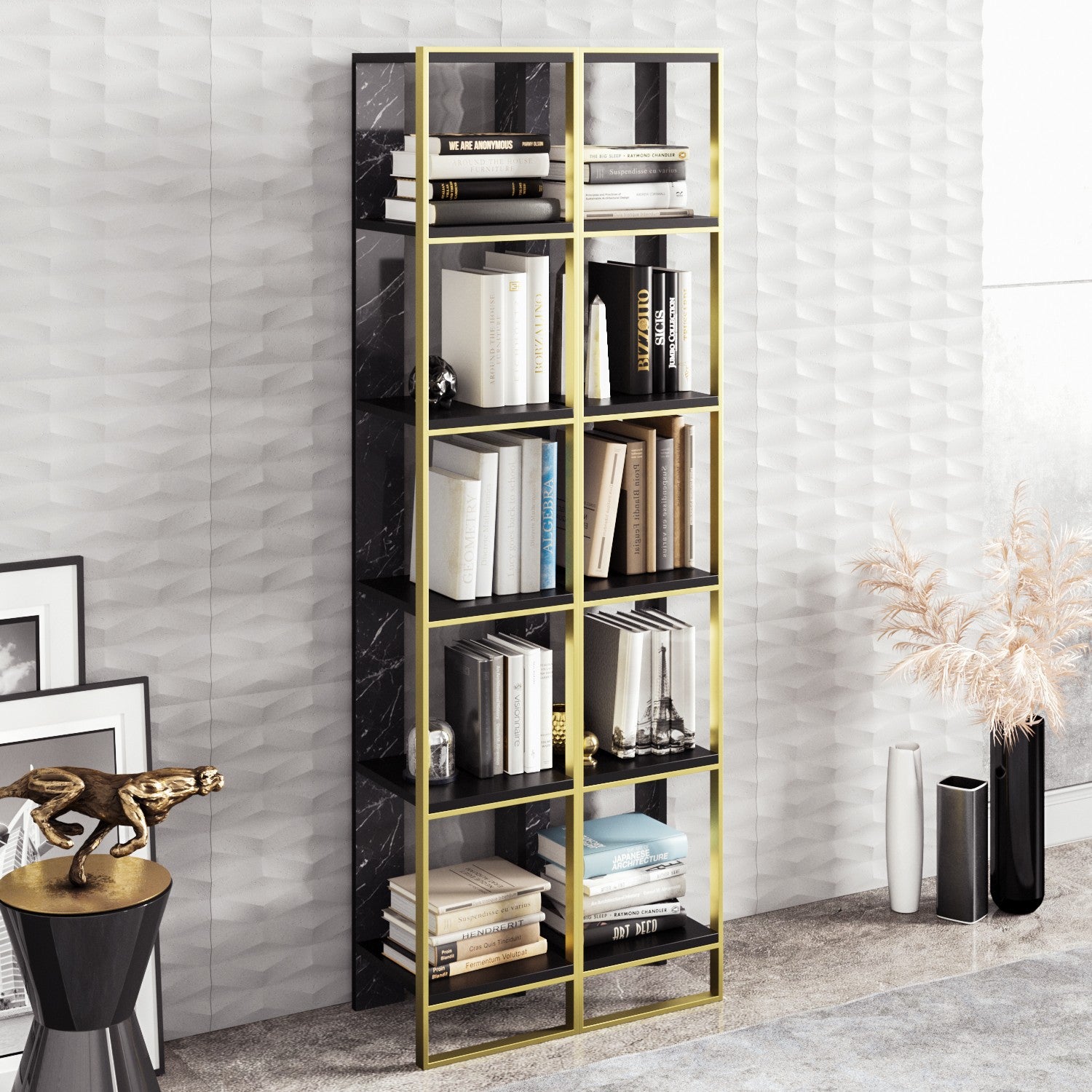 Estante elegante em estilo barroco (2 peças), dourada e preta, 32,2 x 178,5 x 31,3 cm | 100% revestida em melamina, detalhes em metal | Solução de armazenamento elegante e montável na parede