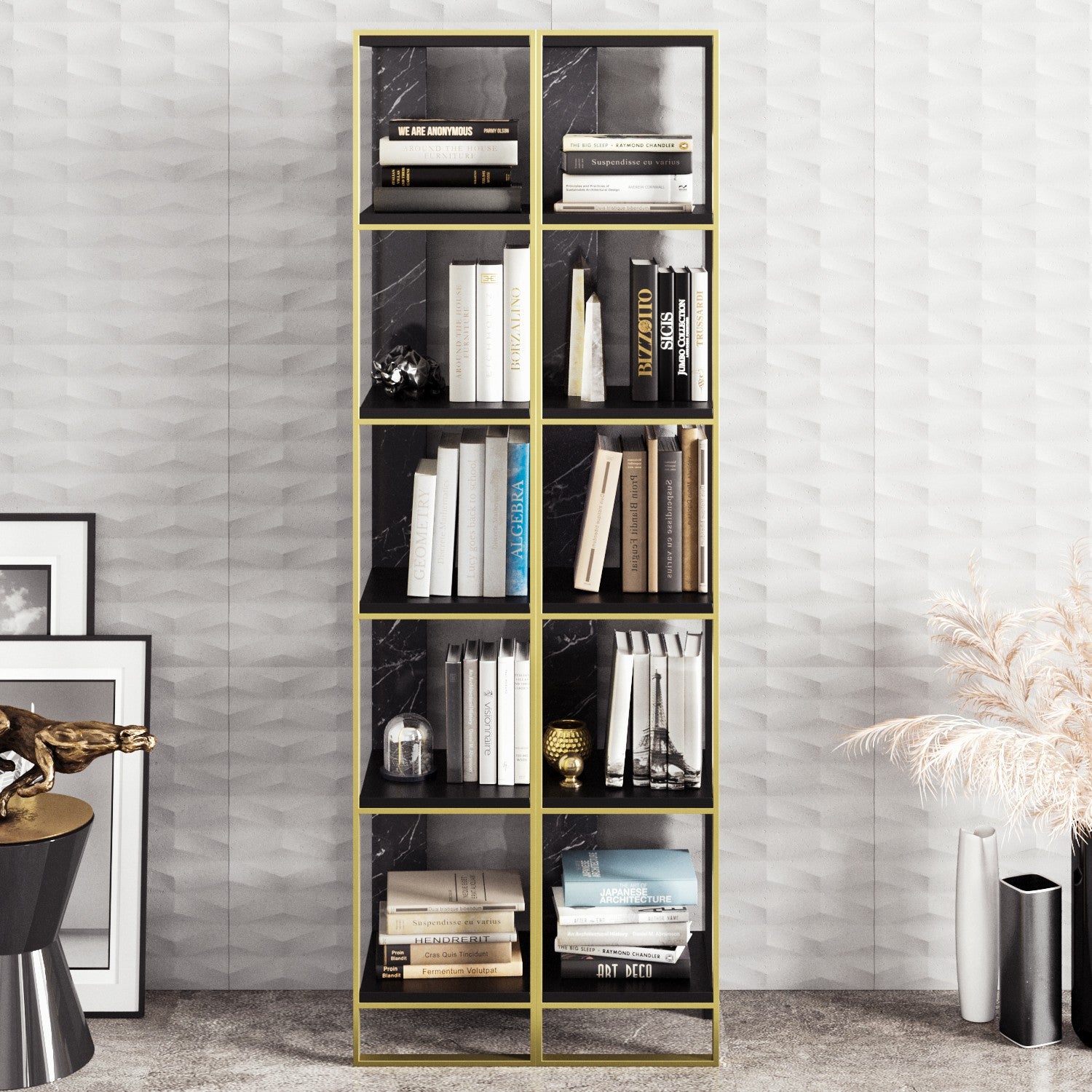 Estante elegante em estilo barroco (2 peças), dourada e preta, 32,2 x 178,5 x 31,3 cm | 100% revestida em melamina, detalhes em metal | Solução de armazenamento elegante e montável na parede