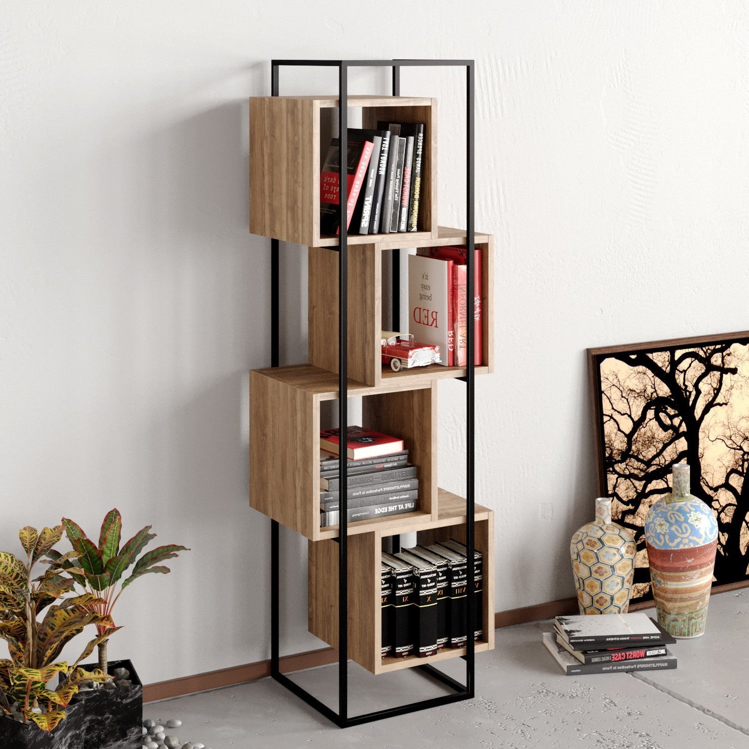 Estante Moderna Industrial – 52 x 160 x 38 cm – Nogueira e Preto – Painel de Partículas e Metal