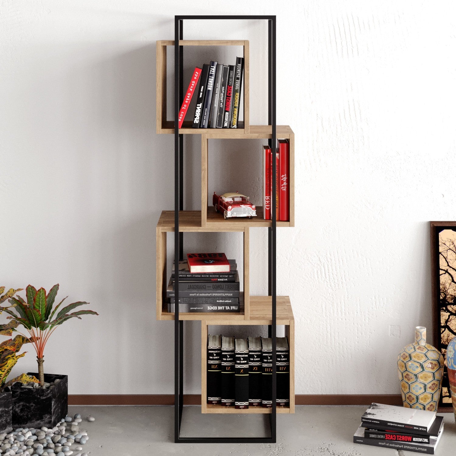 Estante Moderna Industrial – 52 x 160 x 38 cm – Nogueira e Preto – Painel de Partículas e Metal